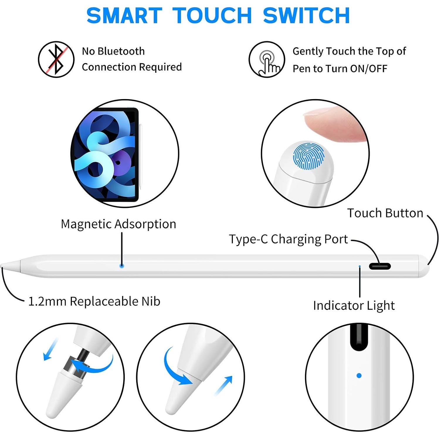Lápiz Stylus Activo NTHJOYS Blanco para iPad y Android Punta Fina
