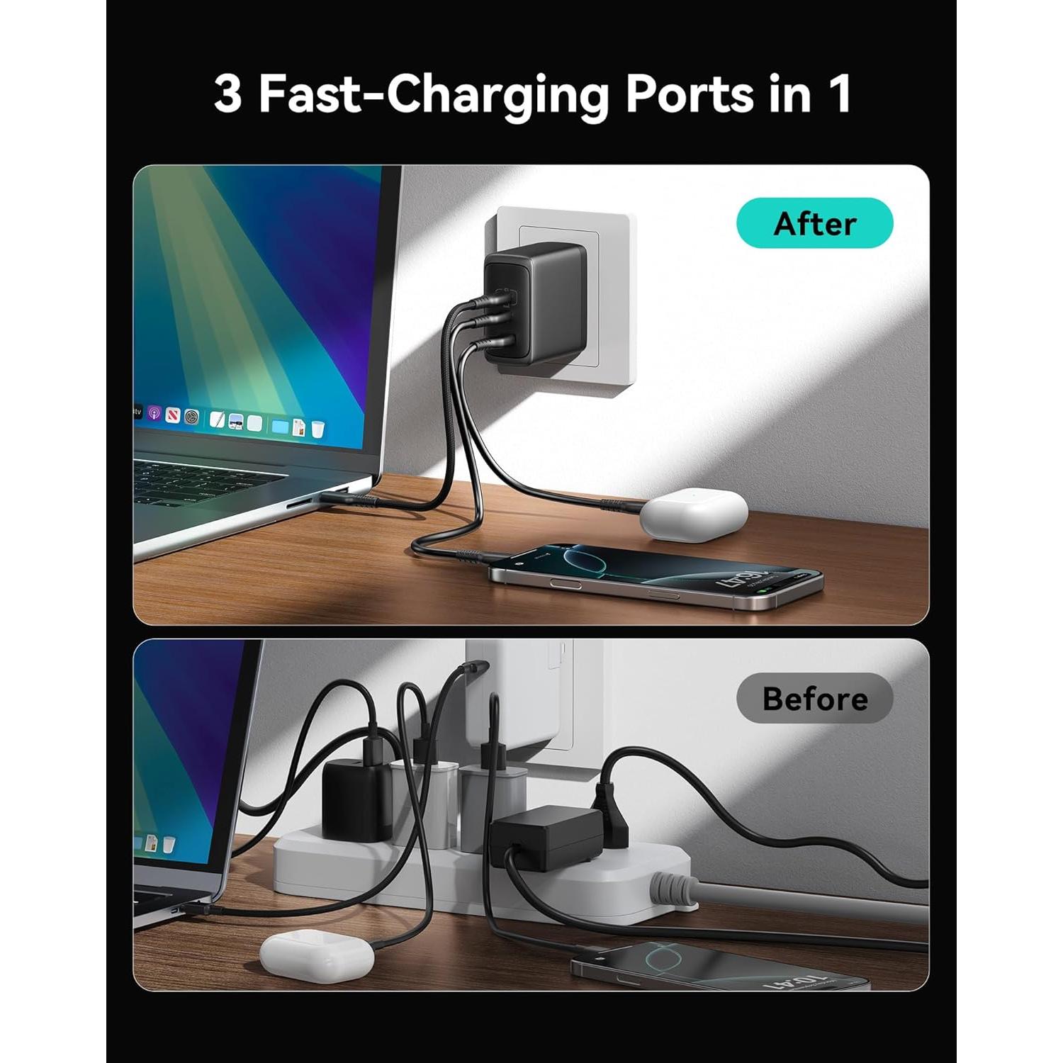 Cargador INIU USB C 100W 3 Puertos PD Carga Rápida Negro