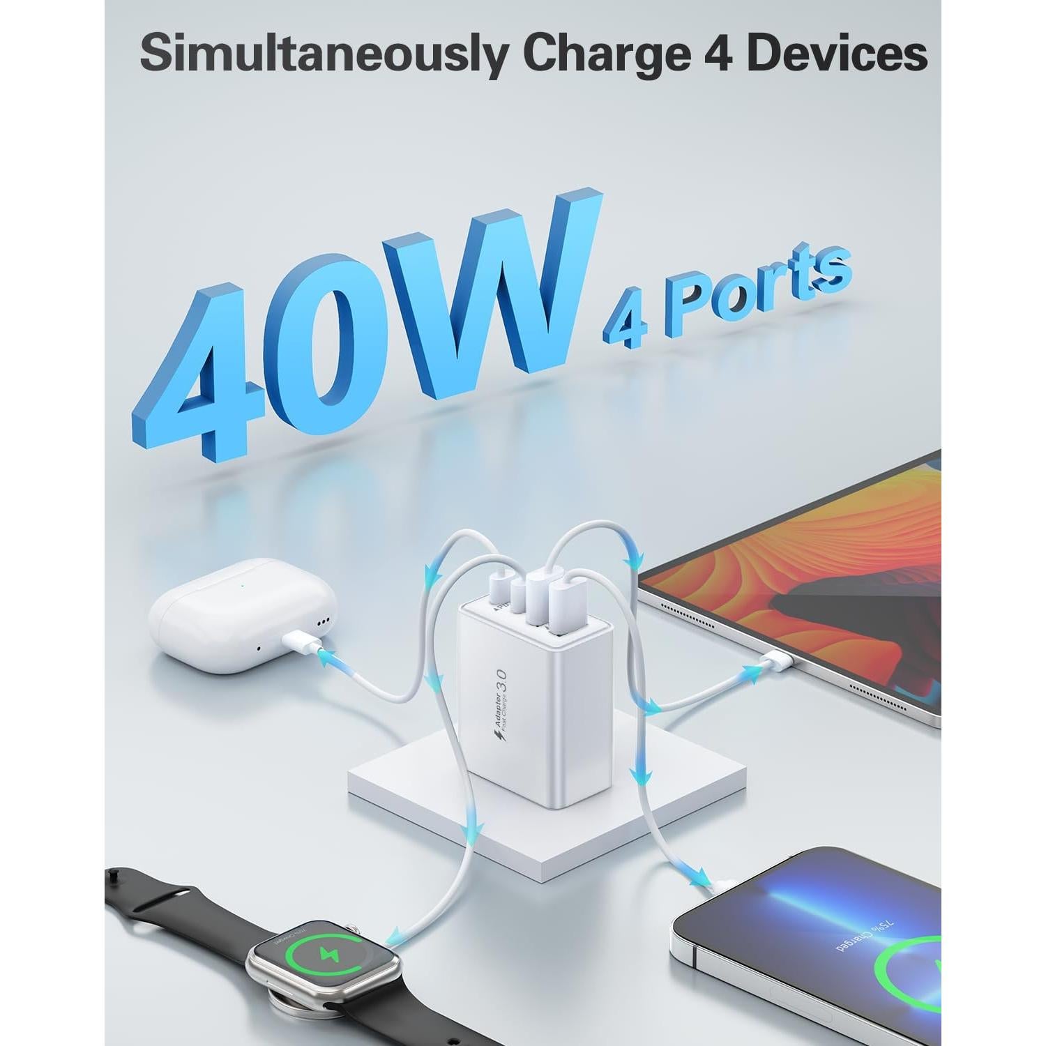 Cargador USB C KOUEMGI 2-Pack 40W 4 Puertos Rápido