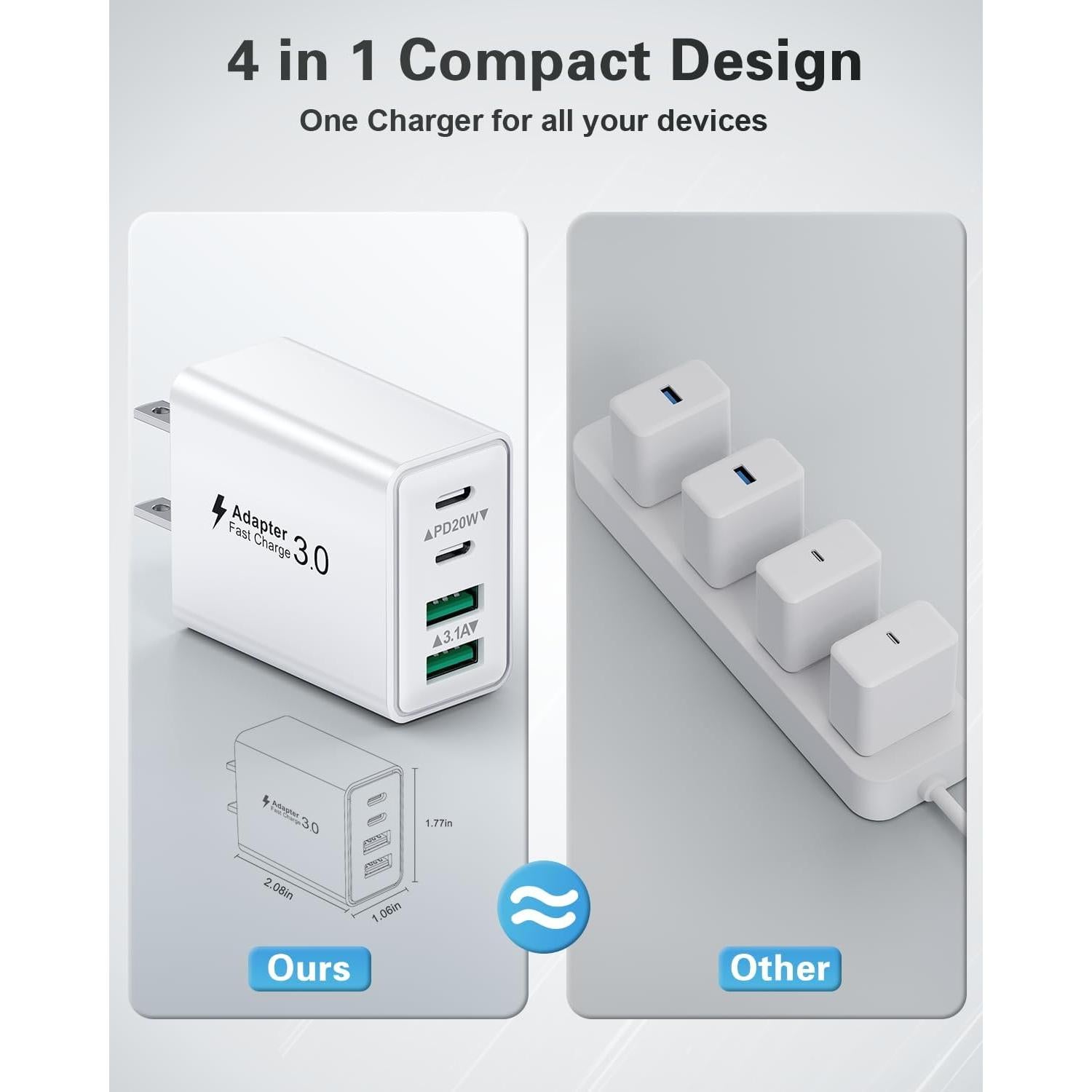 Cargador USB C KOUEMGI 2-Pack 40W 4 Puertos Rápido