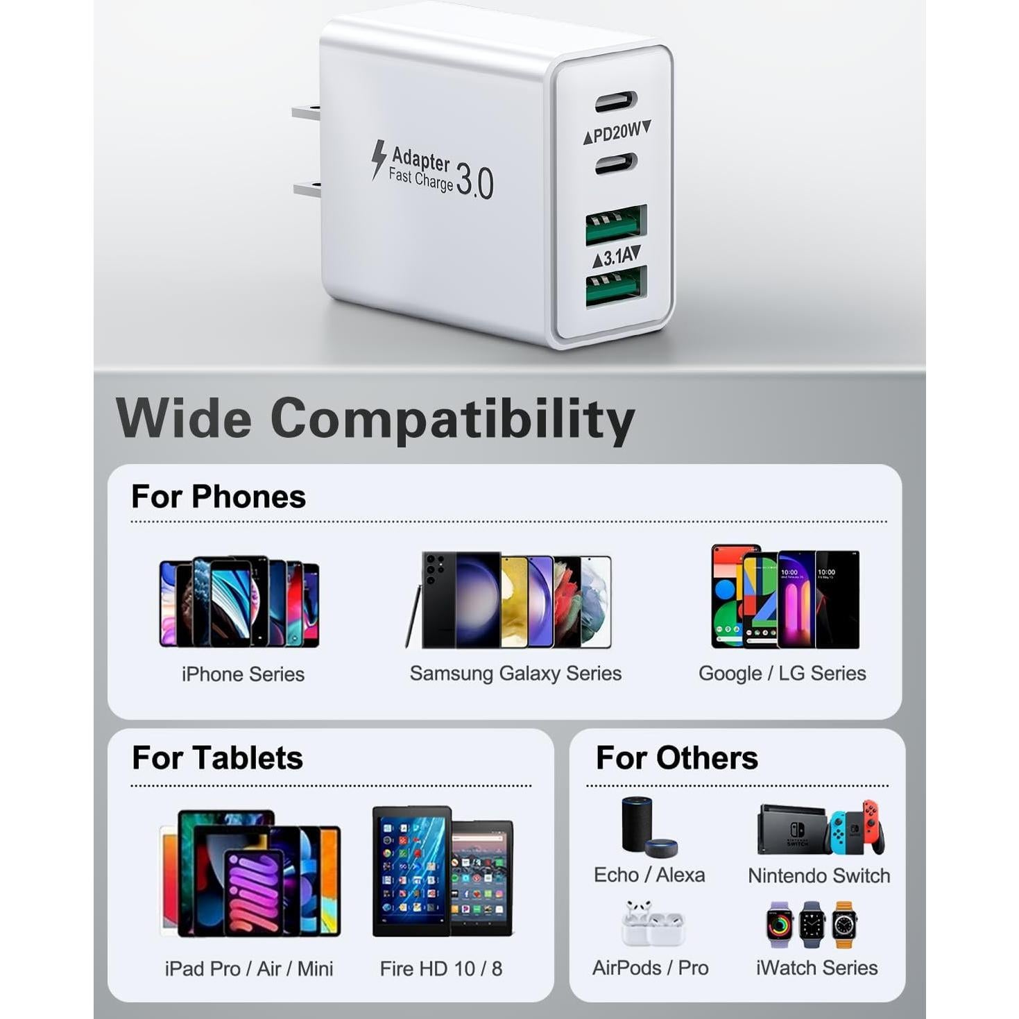 Cargador USB C KOUEMGI 2-Pack 40W 4 Puertos Rápido