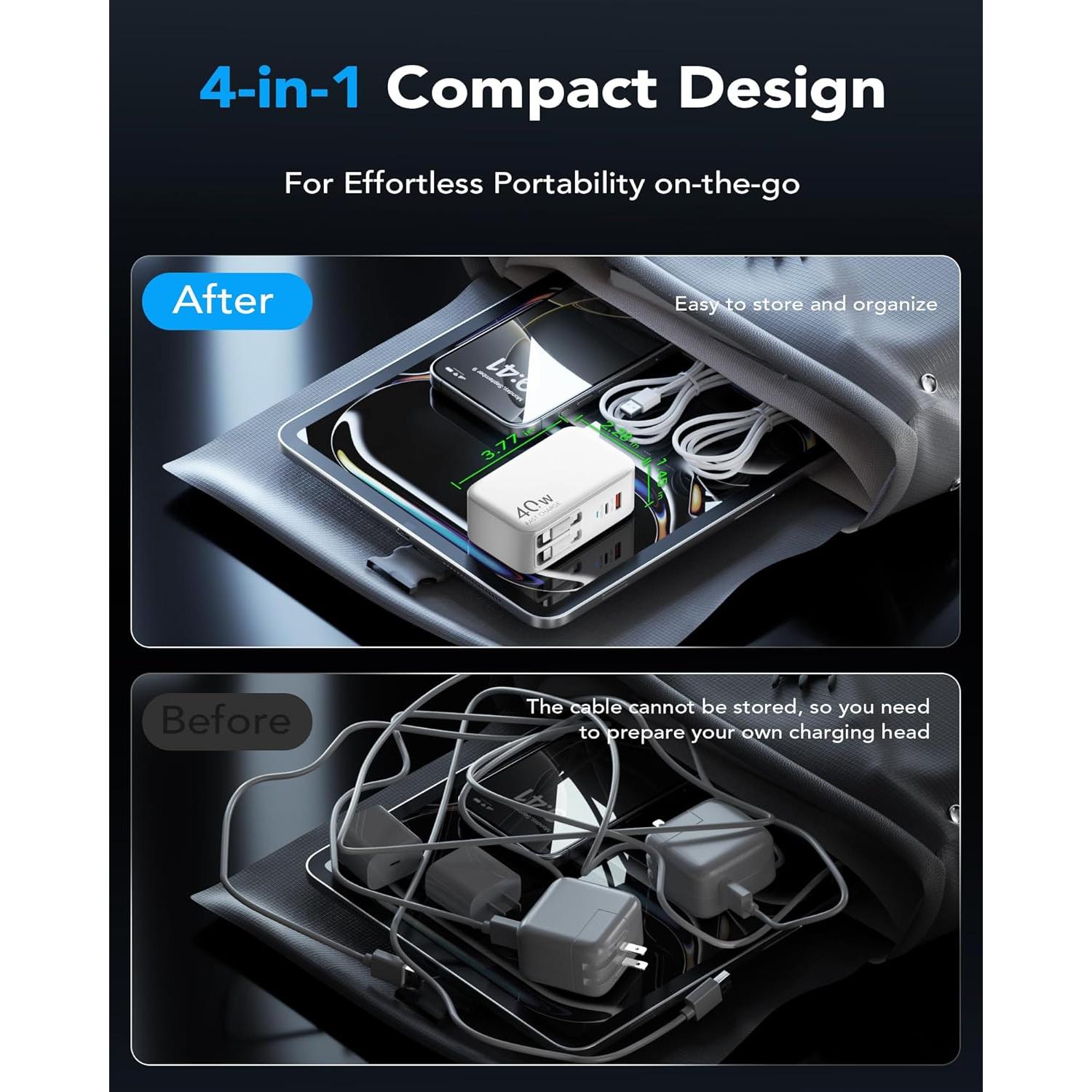 Cargador de Pared Hatalkin 40W Retráctil 4-en-1 USB Duales