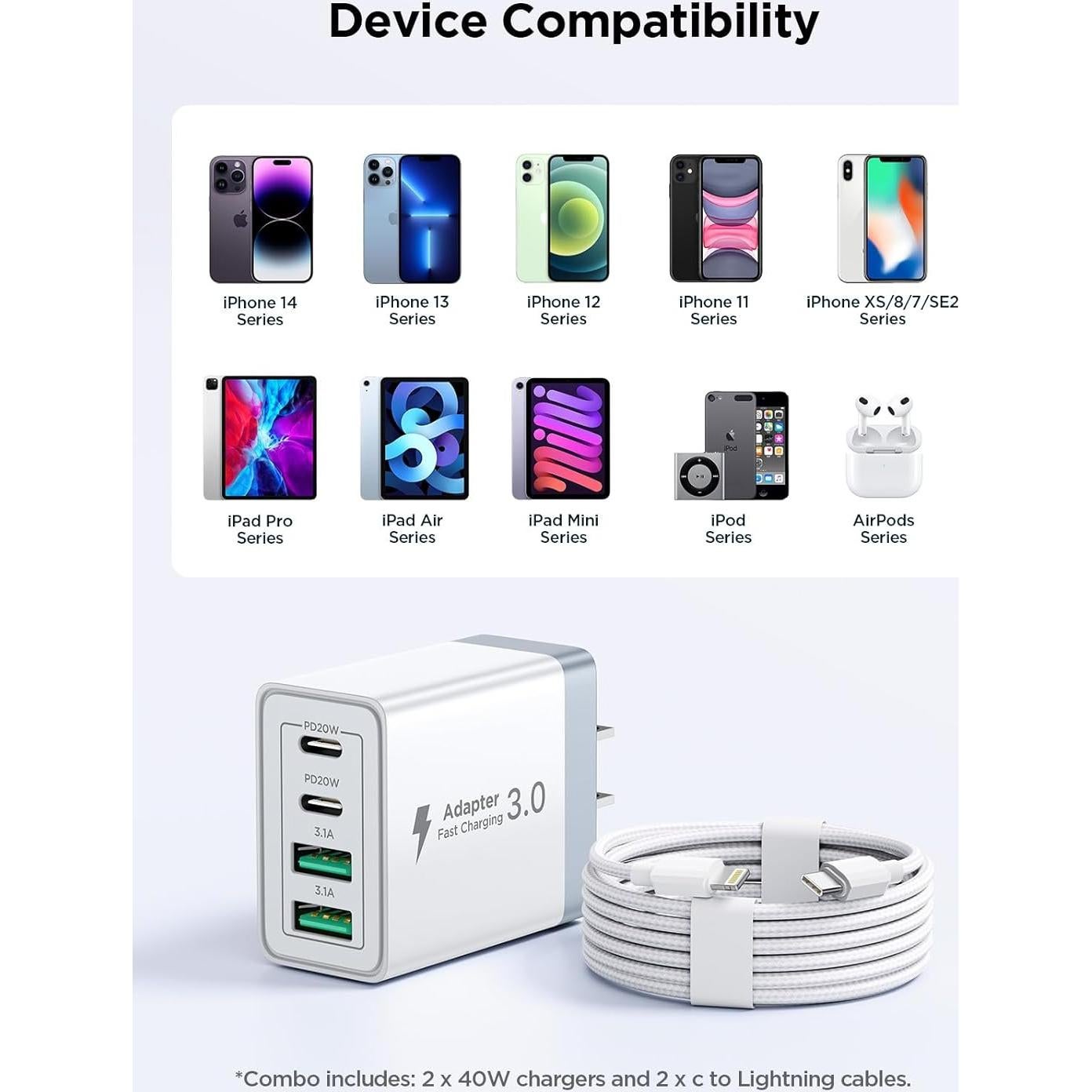 Cargador Rápido USB C 40W 2 Pack Aiminu con Cable Lightning