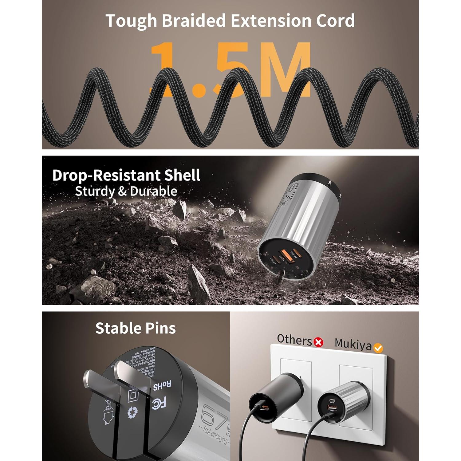 Cargador Rápido GaN 67W Mukiya 3 Puertos USB-C y USB-A