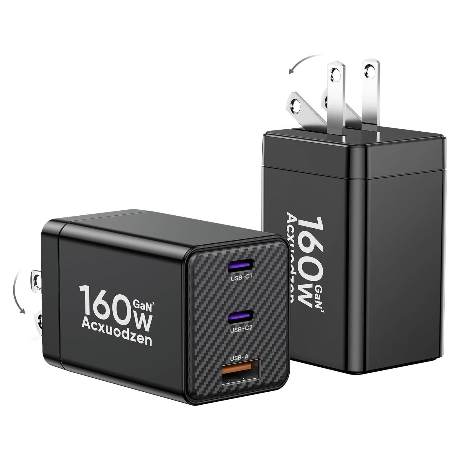 Cargador USB C 160W Acxuodzen 3 Puertos Rápido Negro