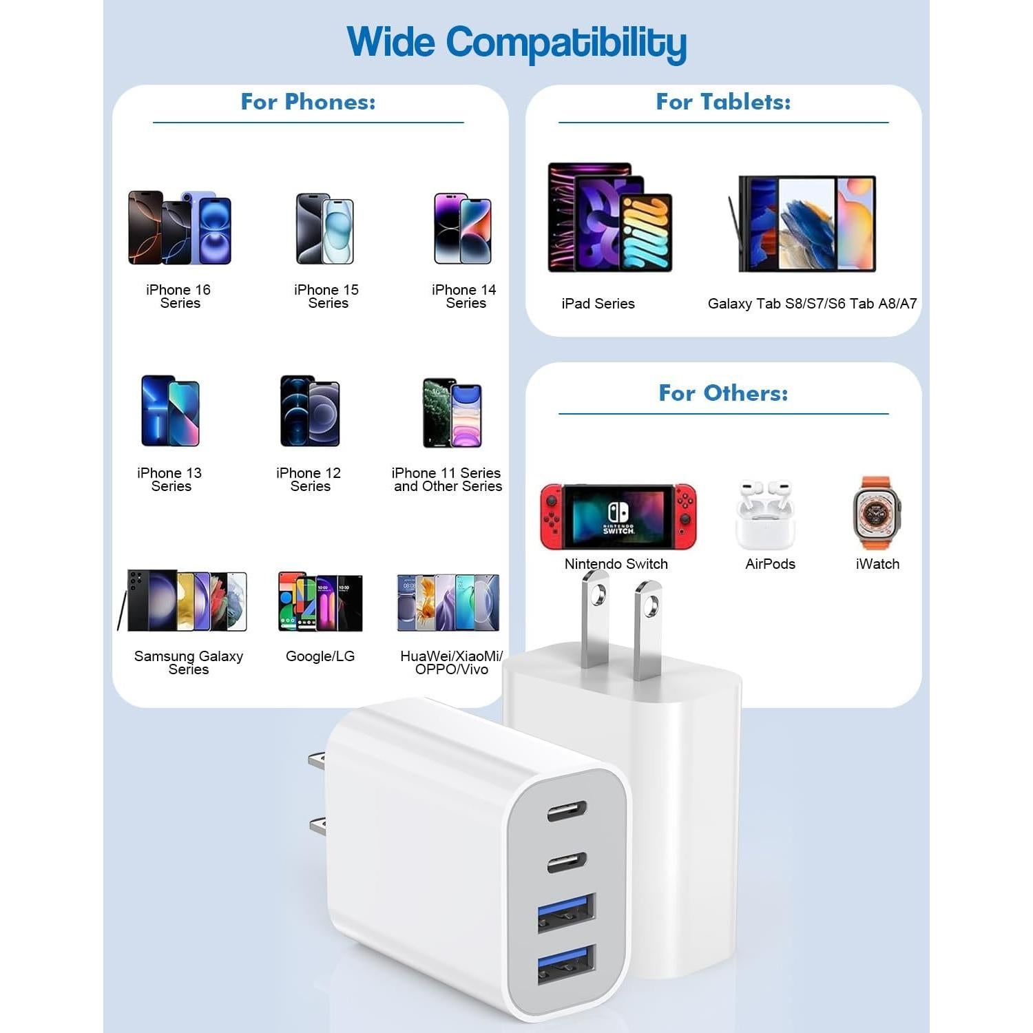 Cargador Rápido USB-C 40W 4 Puertos - Paquete de 2 - iPhone