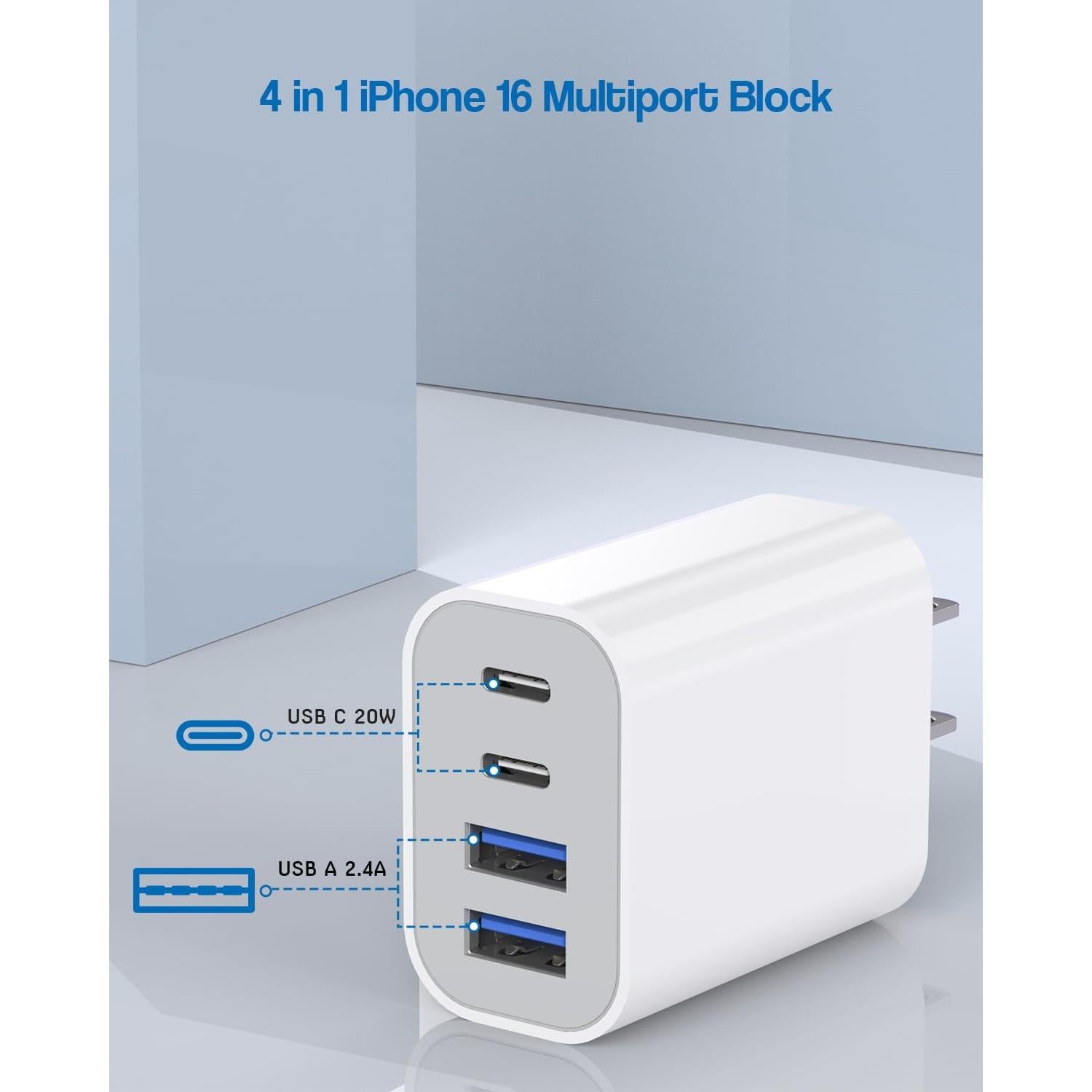 Cargador Rápido USB-C 40W 4 Puertos - Paquete de 2 - iPhone