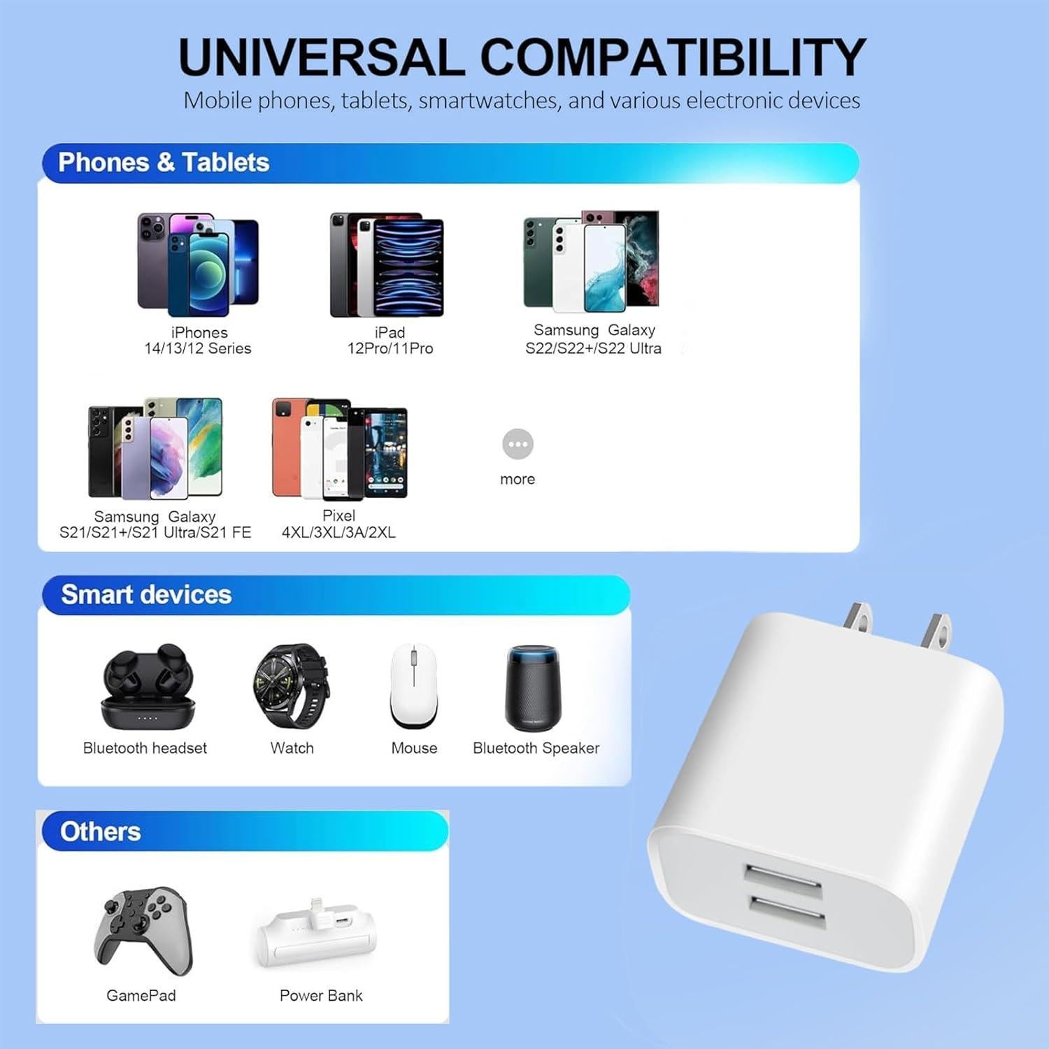 Paquete de 3 Cargadores de Pared USB Doble Puerto 12W Blanco