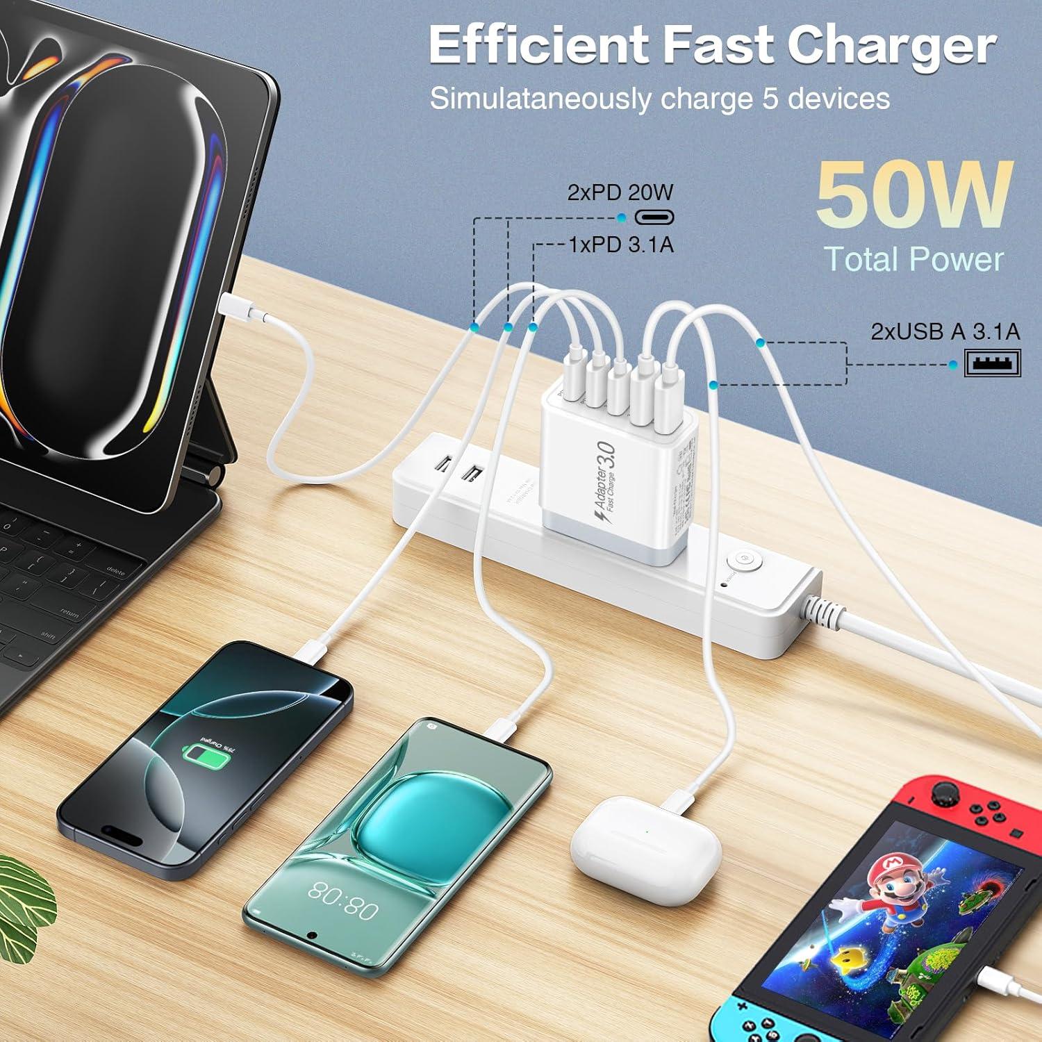 Cargador de Pared USB C Ancekoy 50W 5 Puertos Rápido 2-Pack