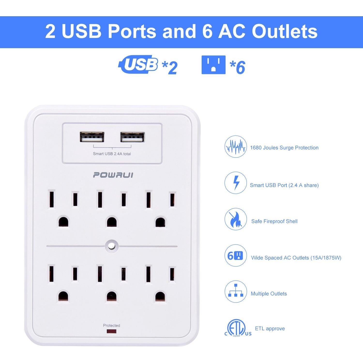Protector de Sobretensión POWRUI con 6 Salidas y 2 USB