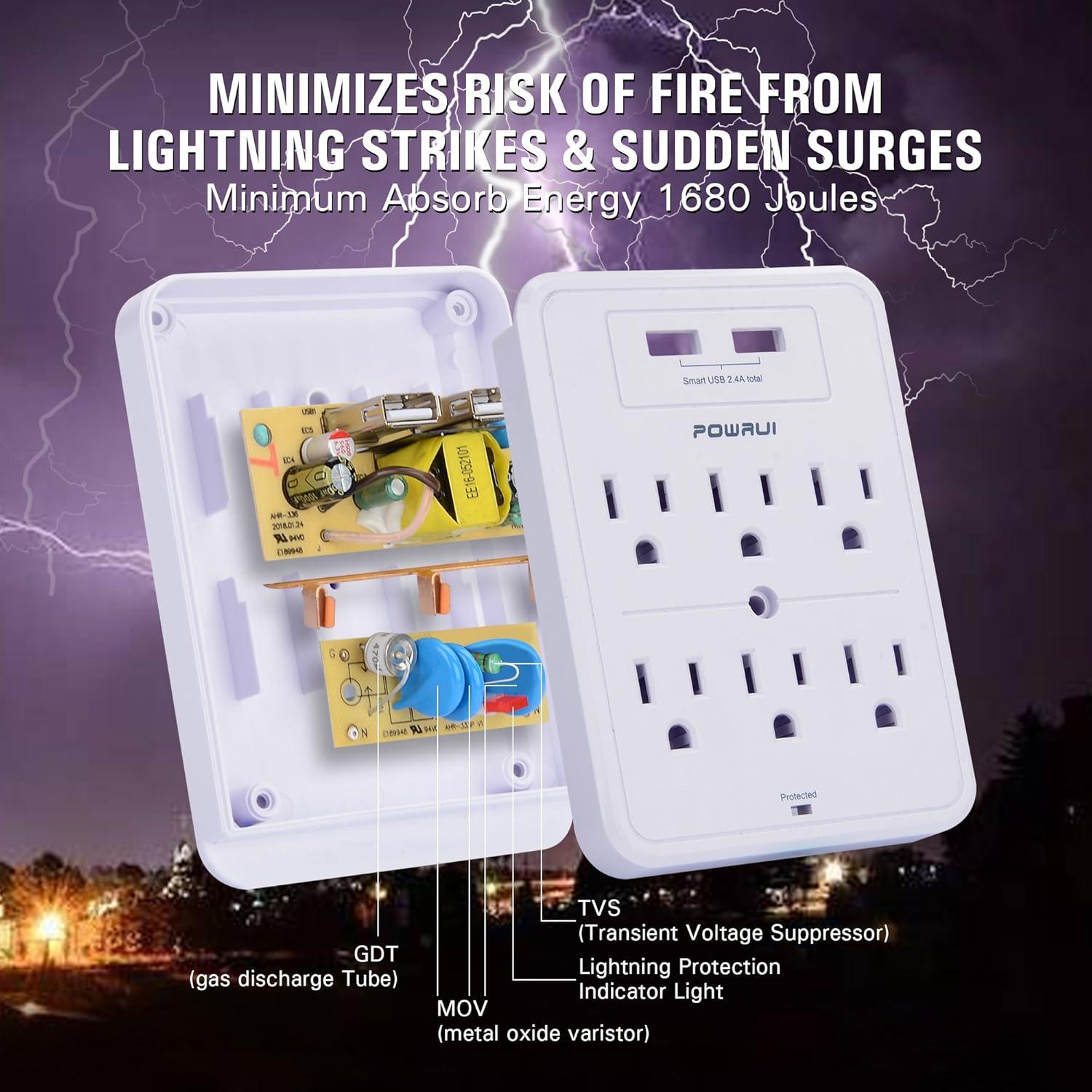 Protector de Sobretensión POWRUI con 6 Salidas y 2 USB