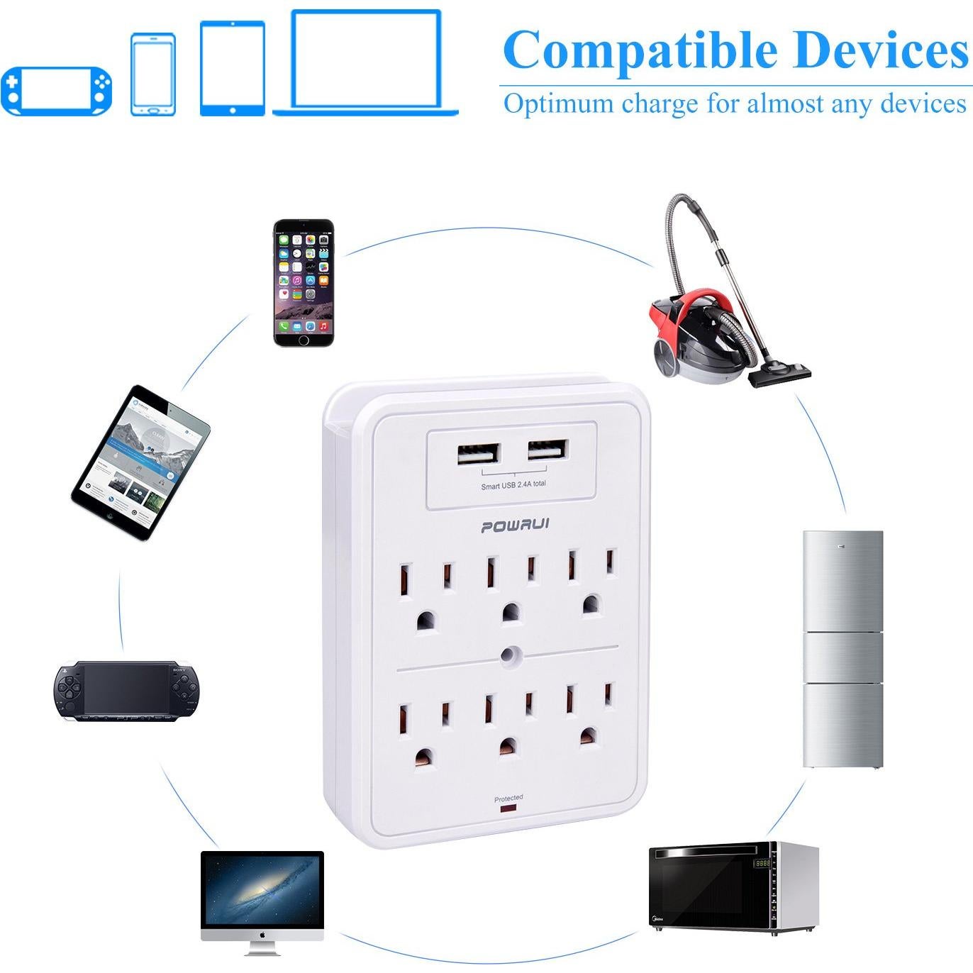 Protector de Sobretensión POWRUI con 6 Salidas y 2 USB