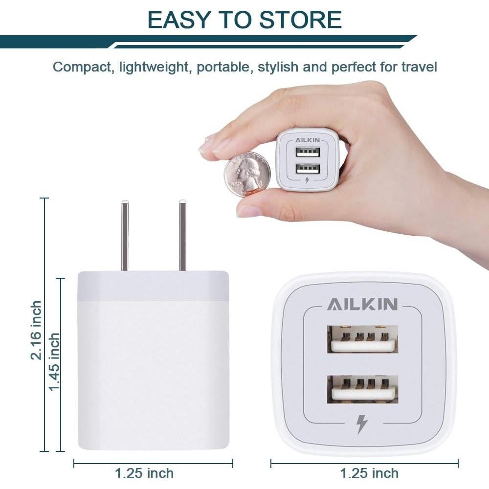 Cargador de Pared USB Doble AILKIN 5V 2.1A Paquete de 3