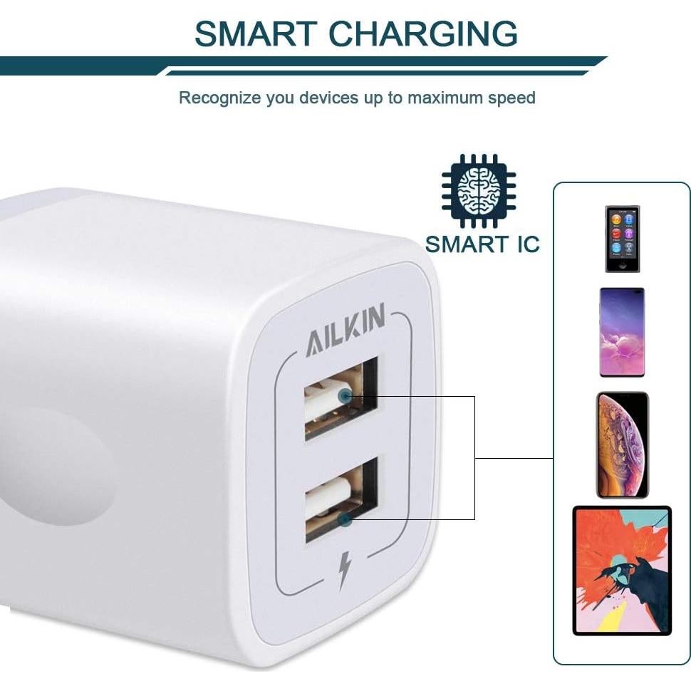 Cargador de Pared USB Doble AILKIN 5V 2.1A Paquete de 3