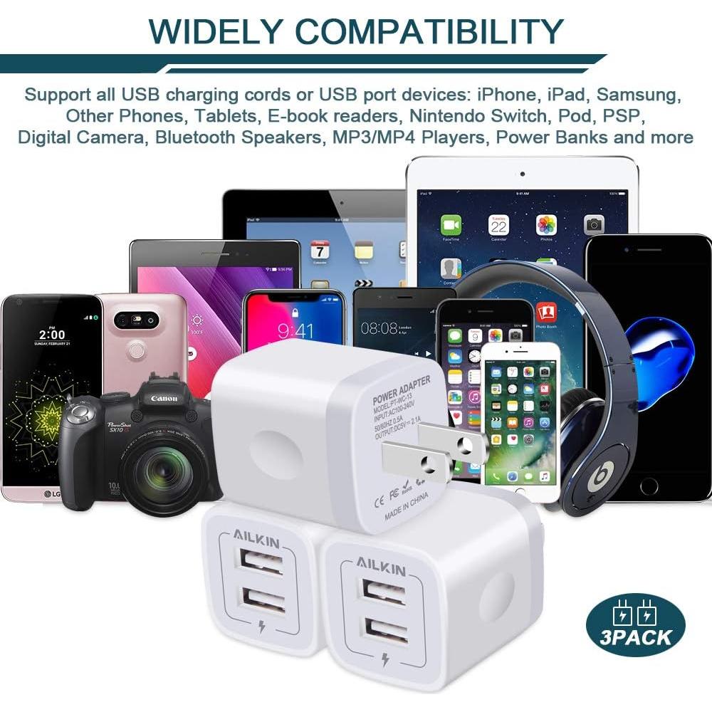 Cargador de Pared USB Doble AILKIN 5V 2.1A Paquete de 3