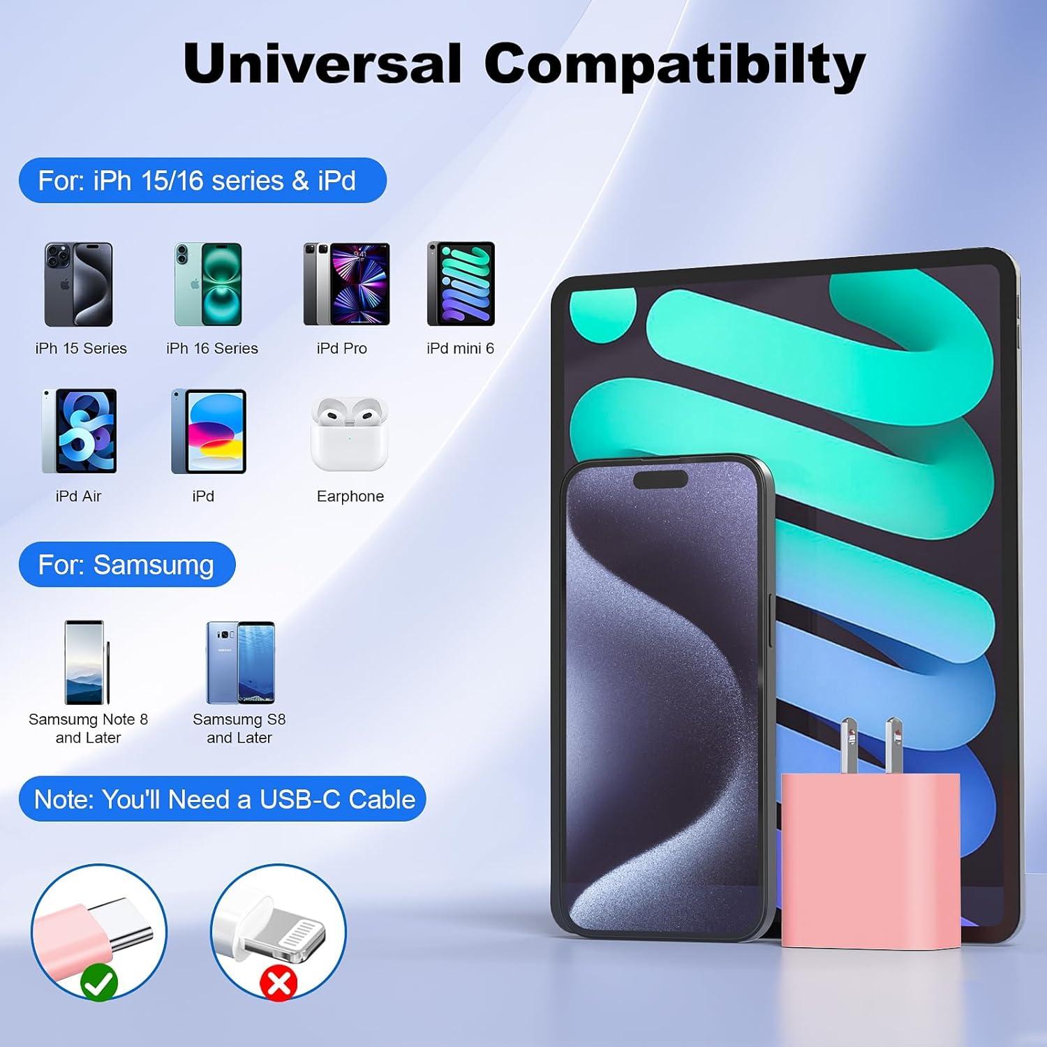 Cargador Rápido USB C 20W + 3 Cables 10FT - Compatible iPhone 16/15