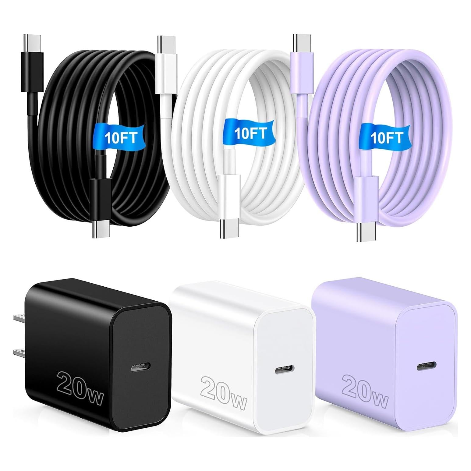 Cargador Rápido USB C 20W + 3 Cables 10FT - Compatible iPhone 16/15