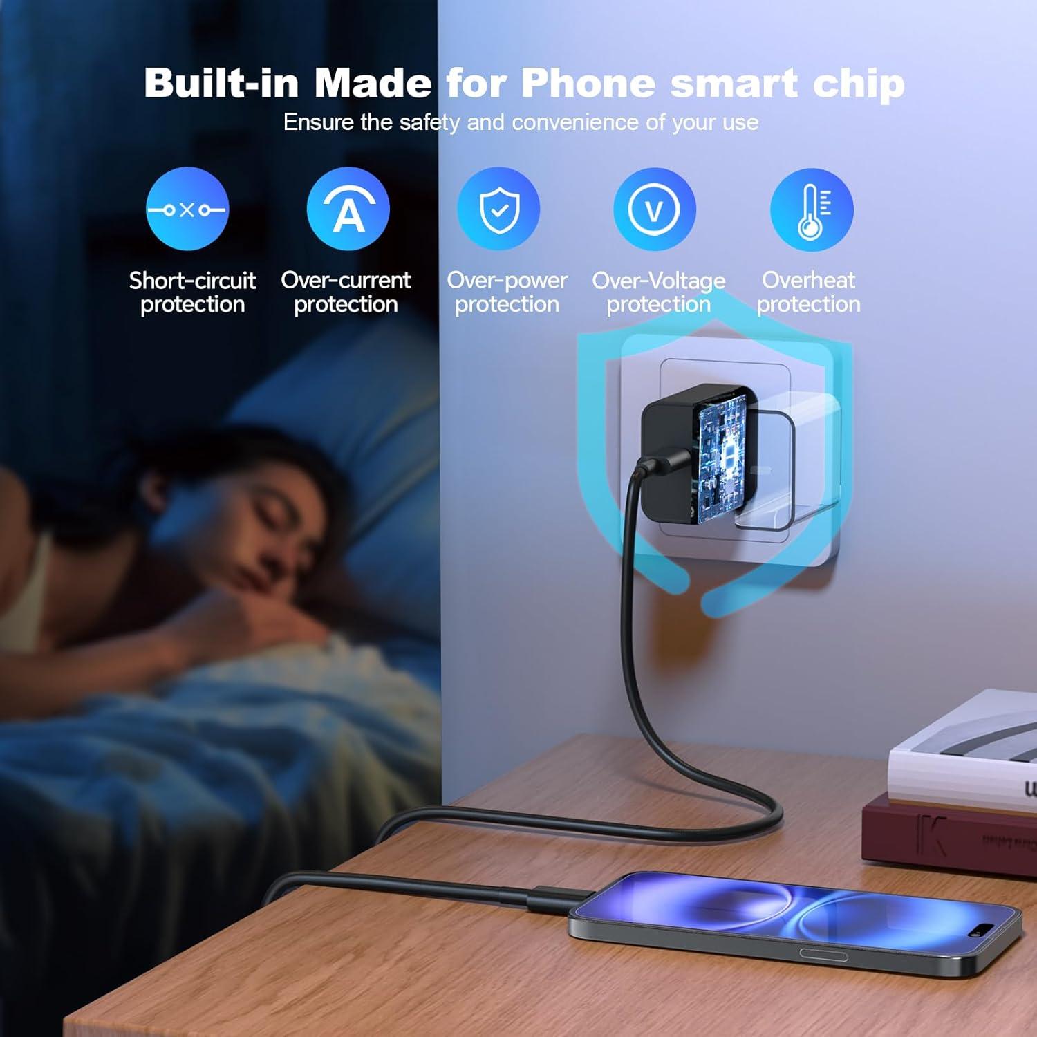 Cargador Rápido USB C 20W + 3 Cables 10FT - Compatible iPhone 16/15