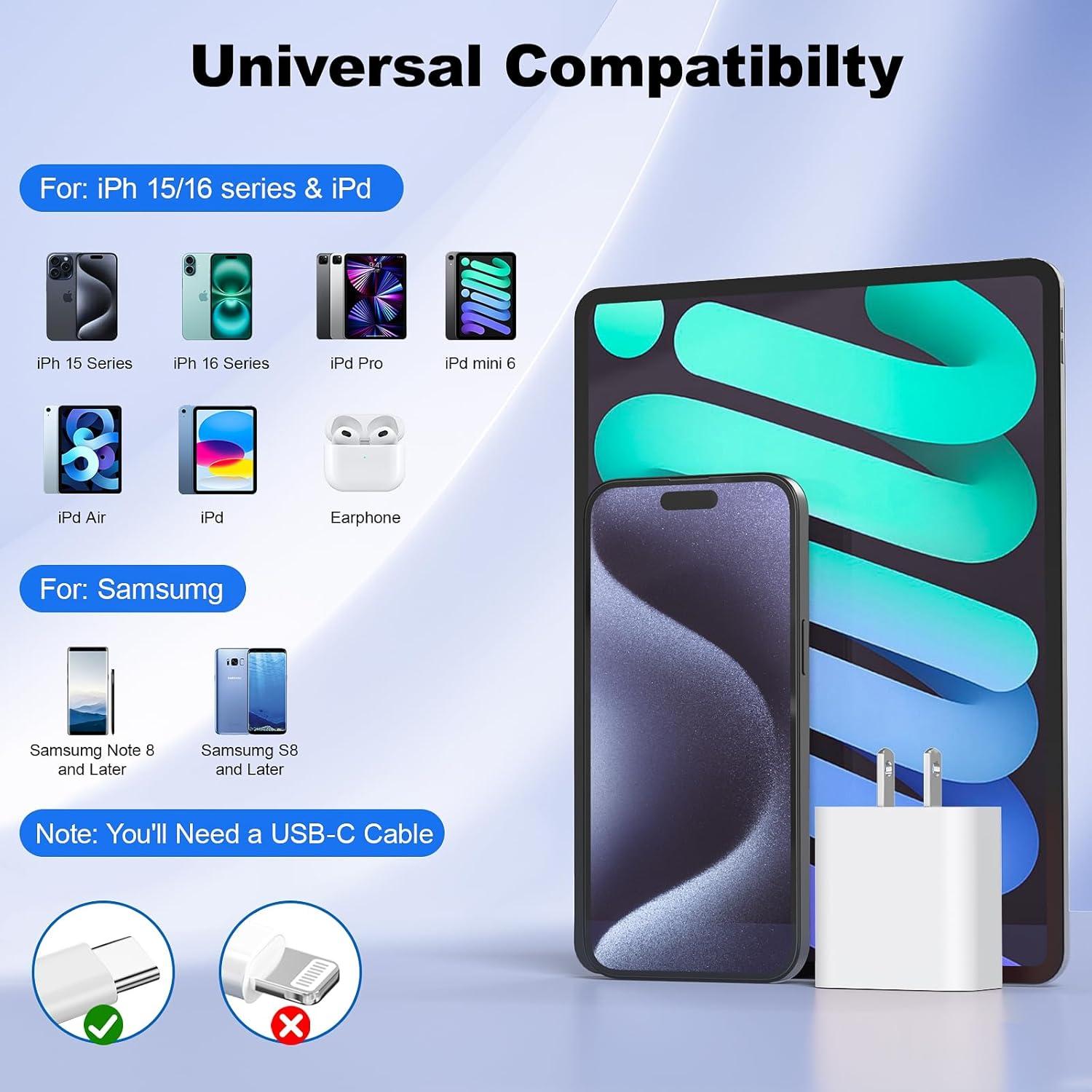 Cargador Rápido USB C 20W + 3 Cables 10FT - Compatible iPhone 16/15