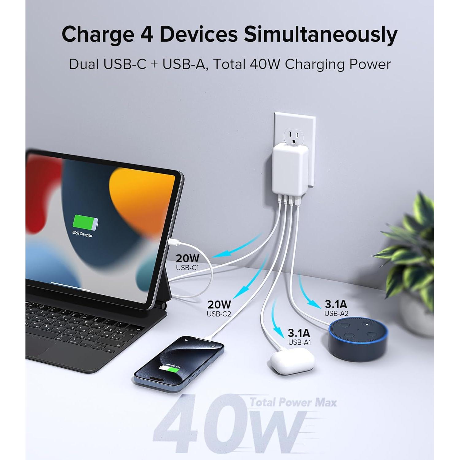 Cargador de pared USB C Qwinjwin 40W 4 puertos rápido