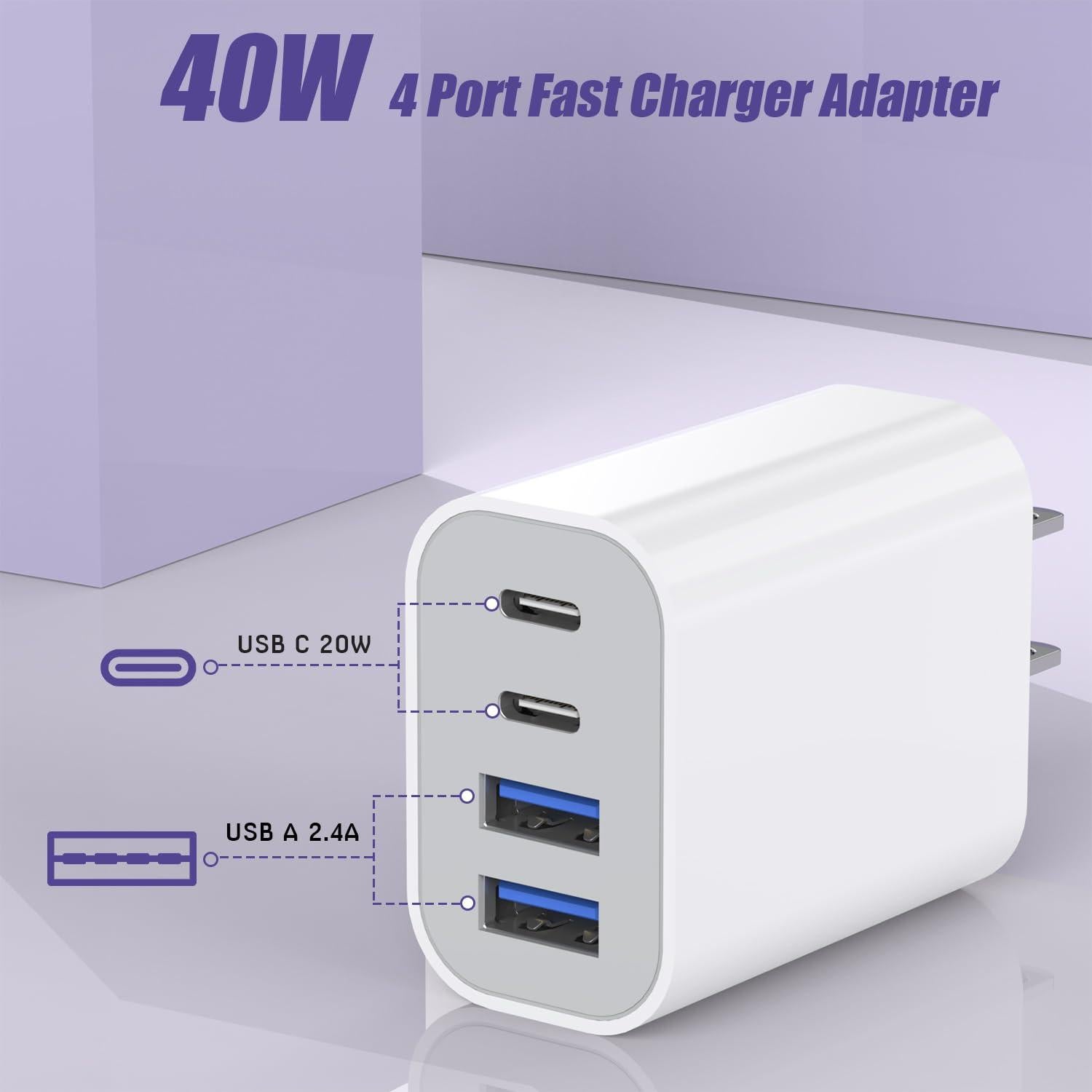 Cargador Rápido USB-C 40W 4 Puertos Doble para iPhone