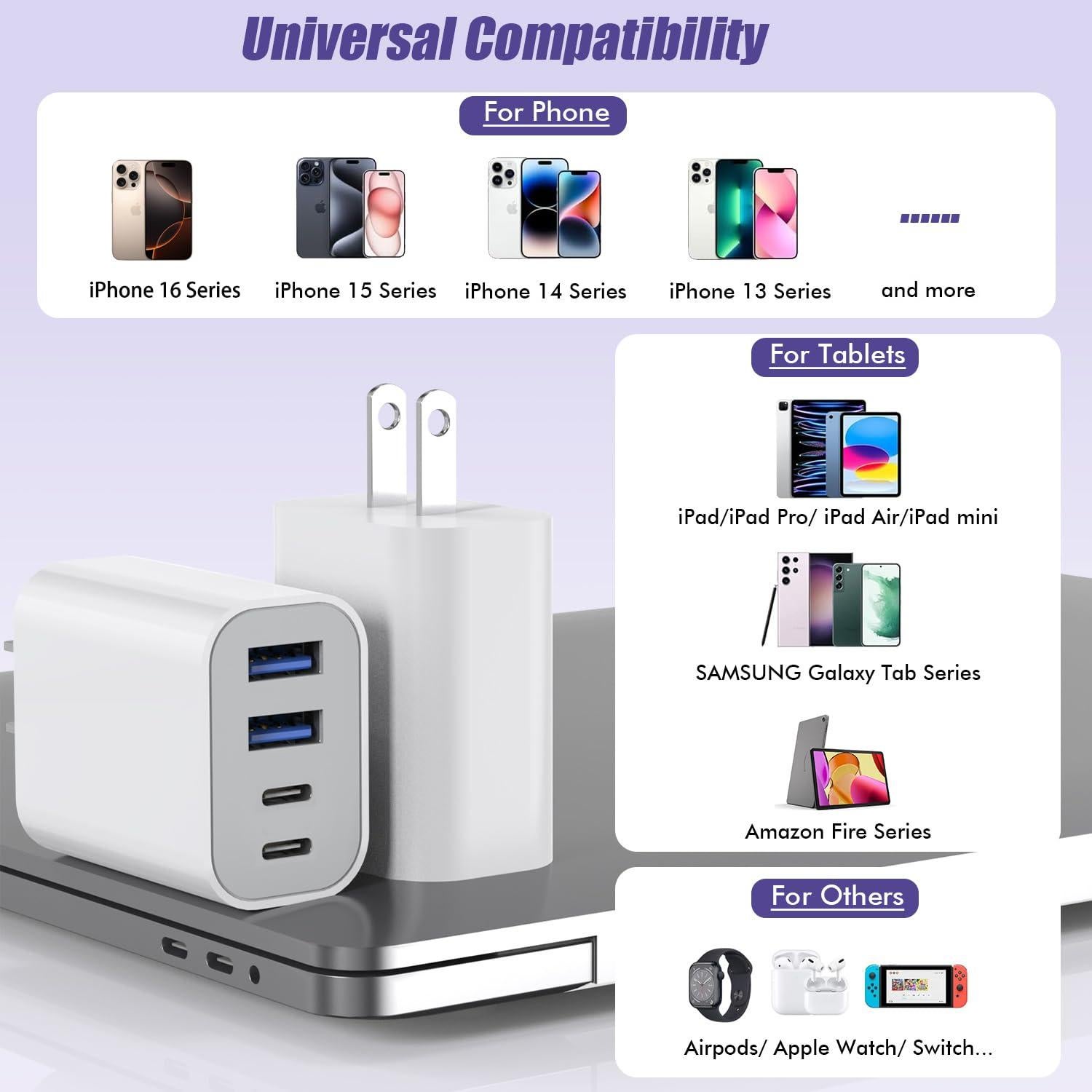 Cargador Rápido USB-C 40W 4 Puertos Doble para iPhone