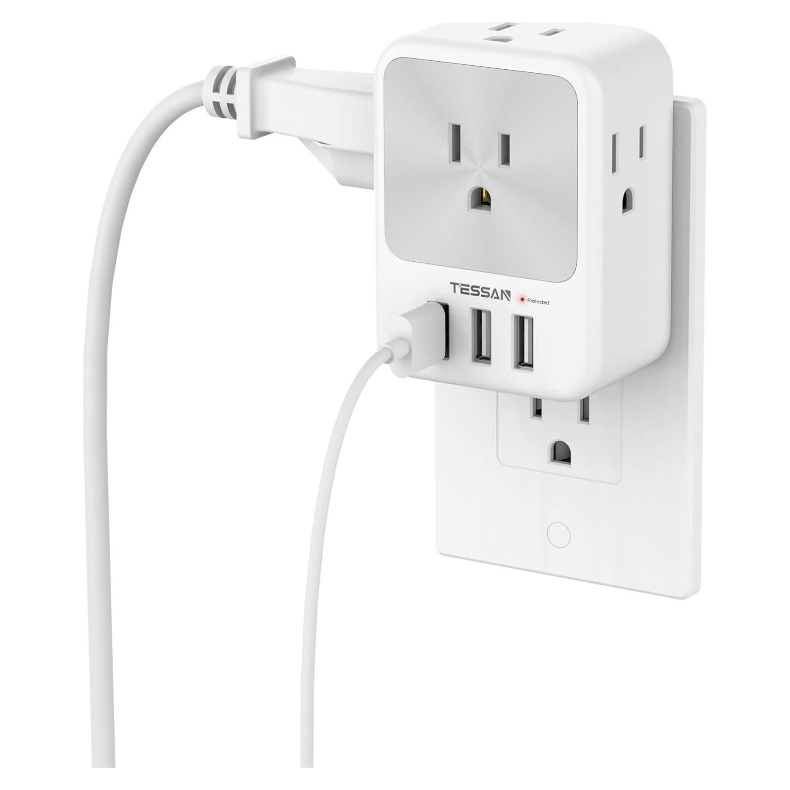 Divisor de Enchufe Múltiple TESSAN 4 Puertos CA y 3 USB