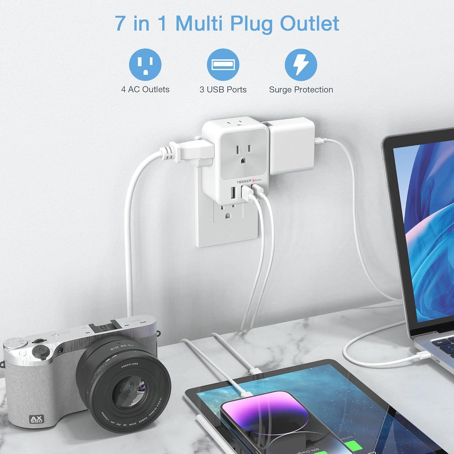 Divisor de Enchufe Múltiple TESSAN 4 Puertos CA y 3 USB