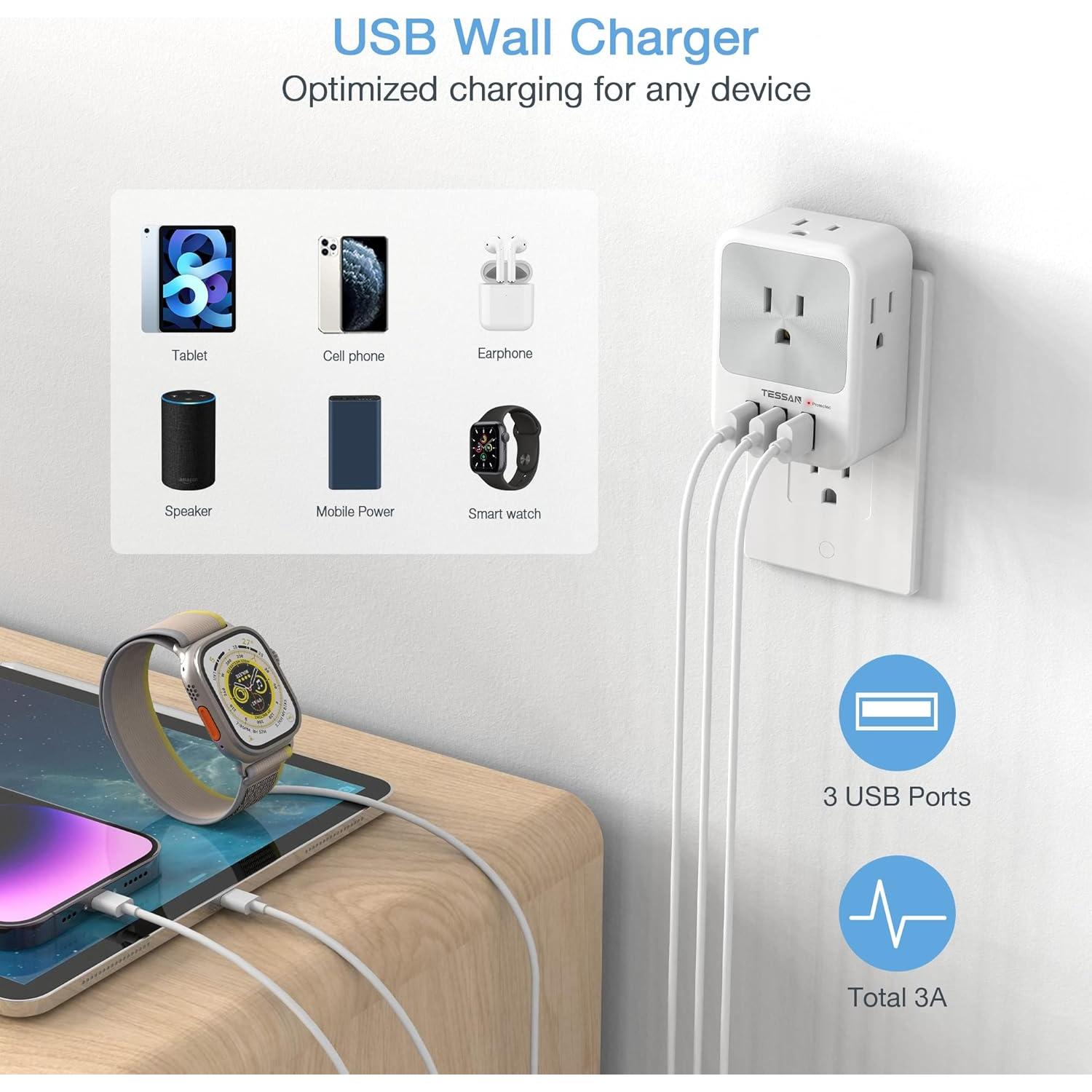 Divisor de Enchufe Múltiple TESSAN 4 Puertos CA y 3 USB