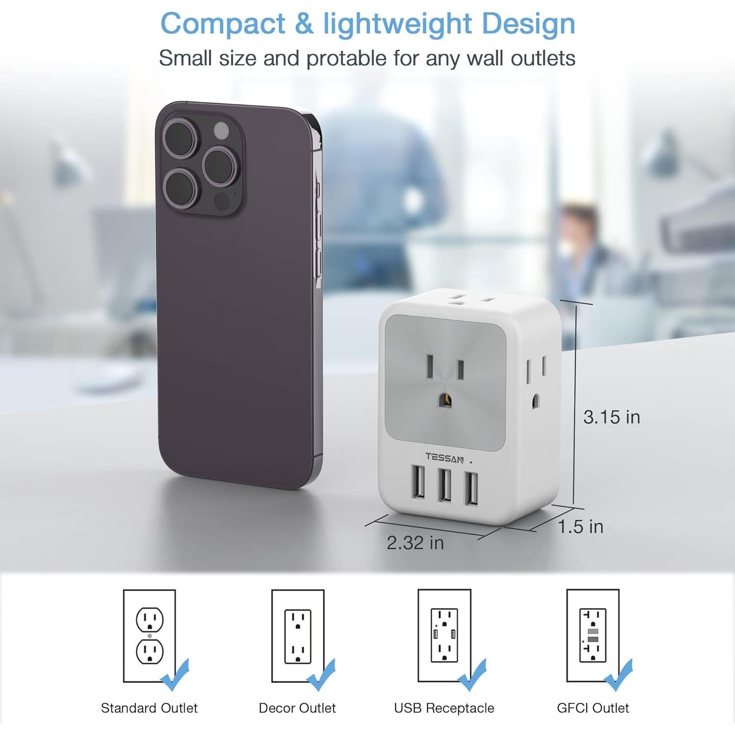 Divisor de Enchufe Múltiple TESSAN 4 Puertos CA y 3 USB