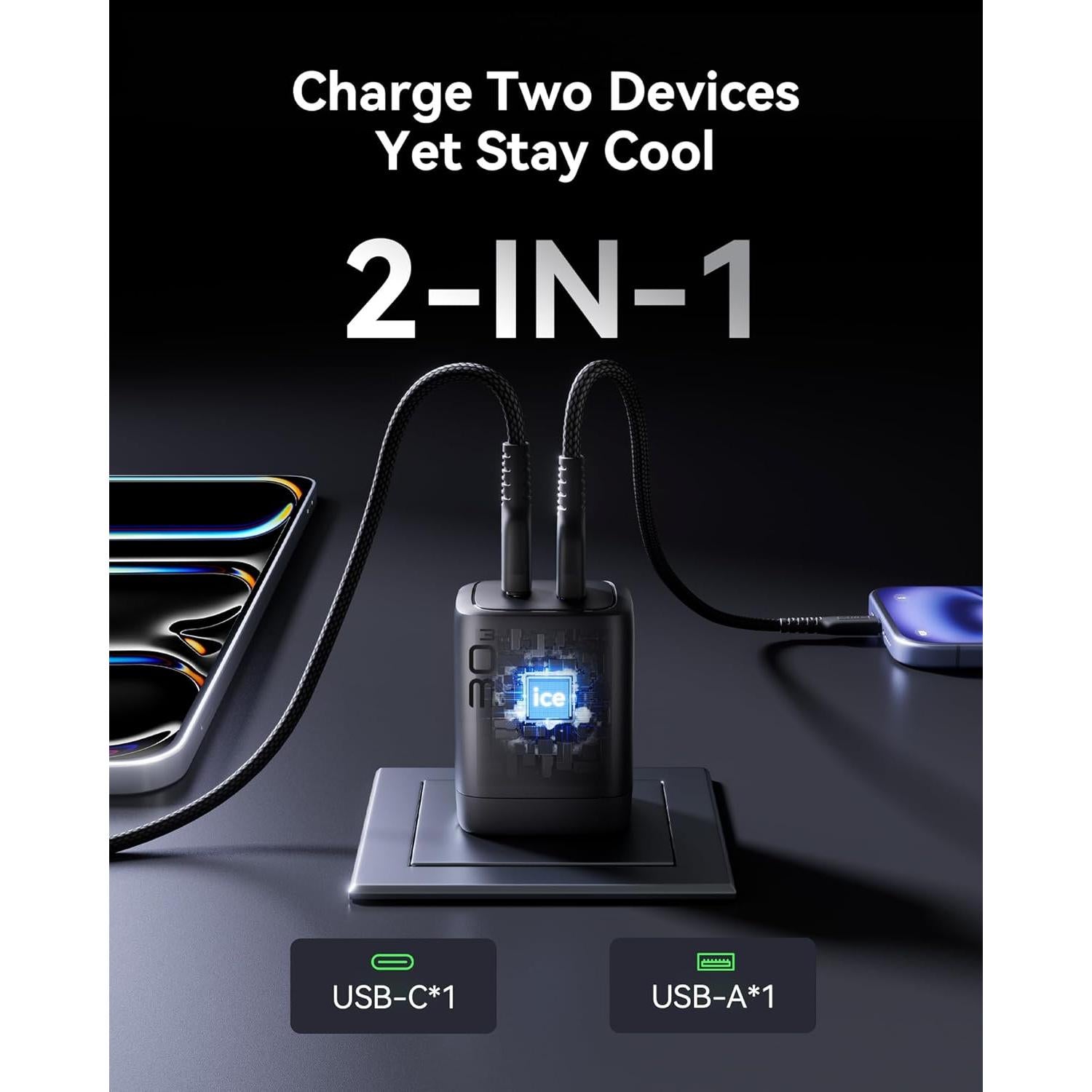 Cargador INIU 30W PD Rápido Doble USB-C y USB-A Negro