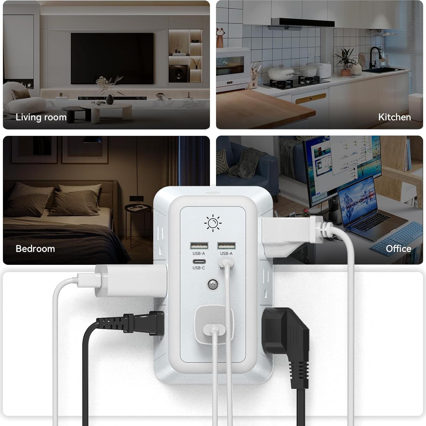 Multi Enchufe ZHANRUIK 7 Salidas con 4 Puertos USB y Luz Nocturna