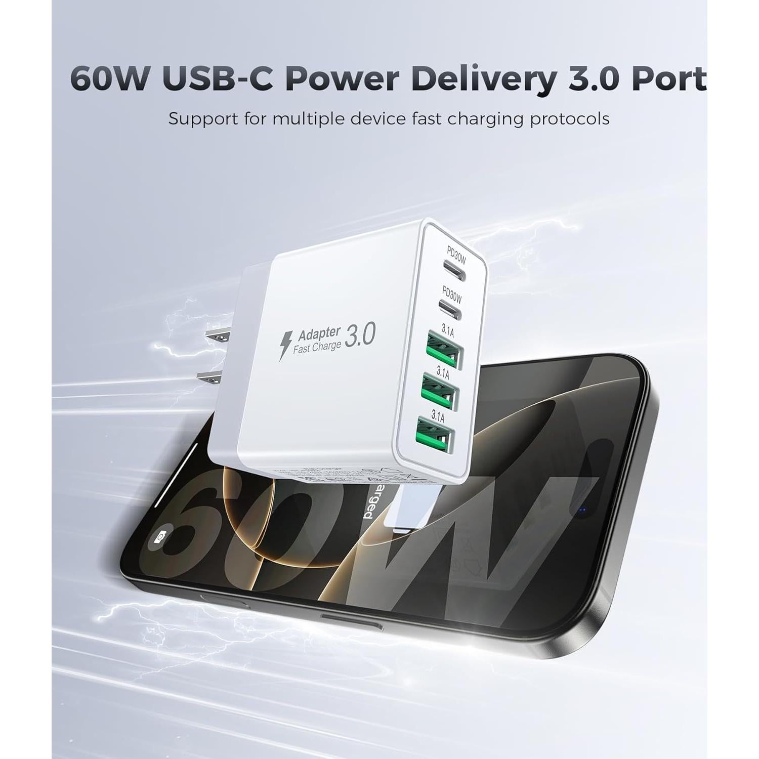 Cargador de Pared USB C 60W Qwinjwin 5 Puertos Rápido