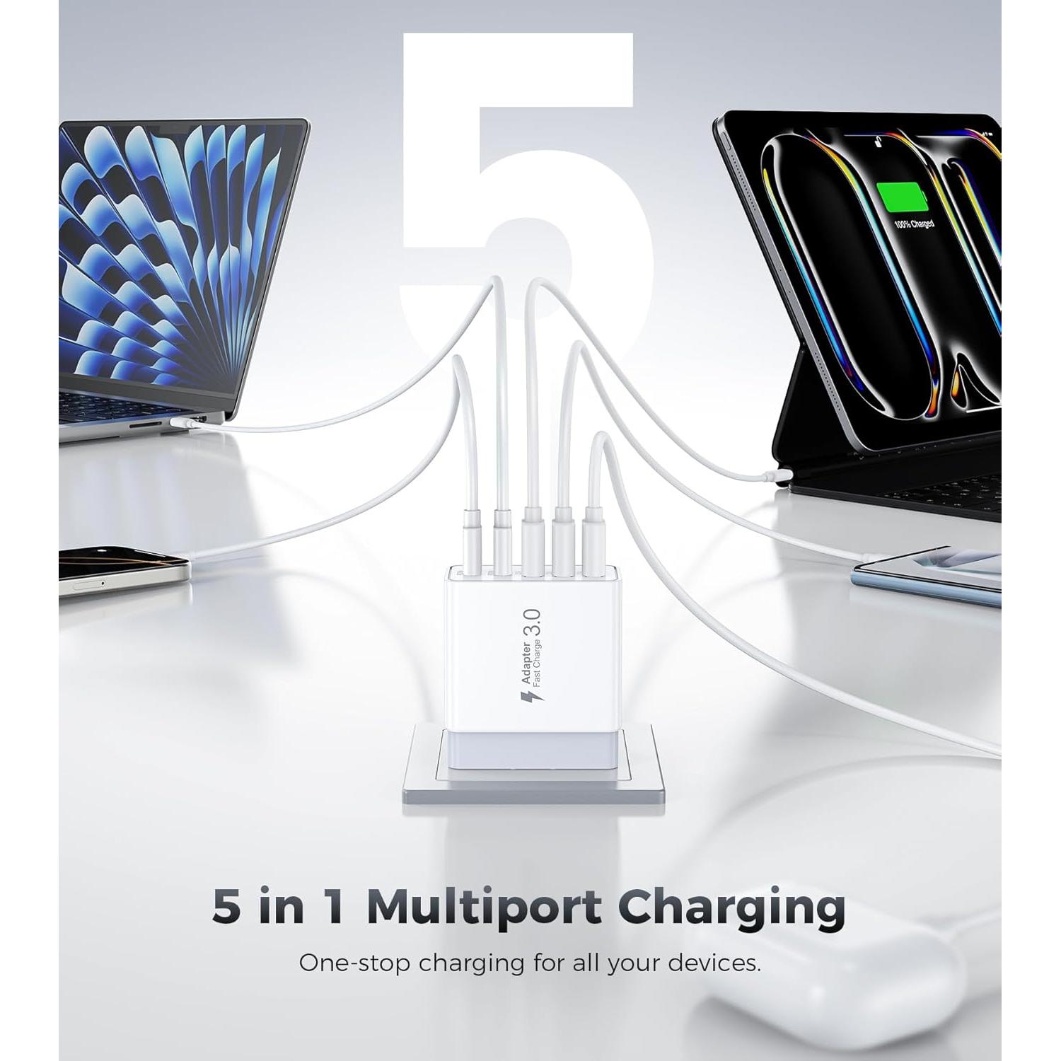 Cargador de Pared USB C 60W Qwinjwin 5 Puertos Rápido