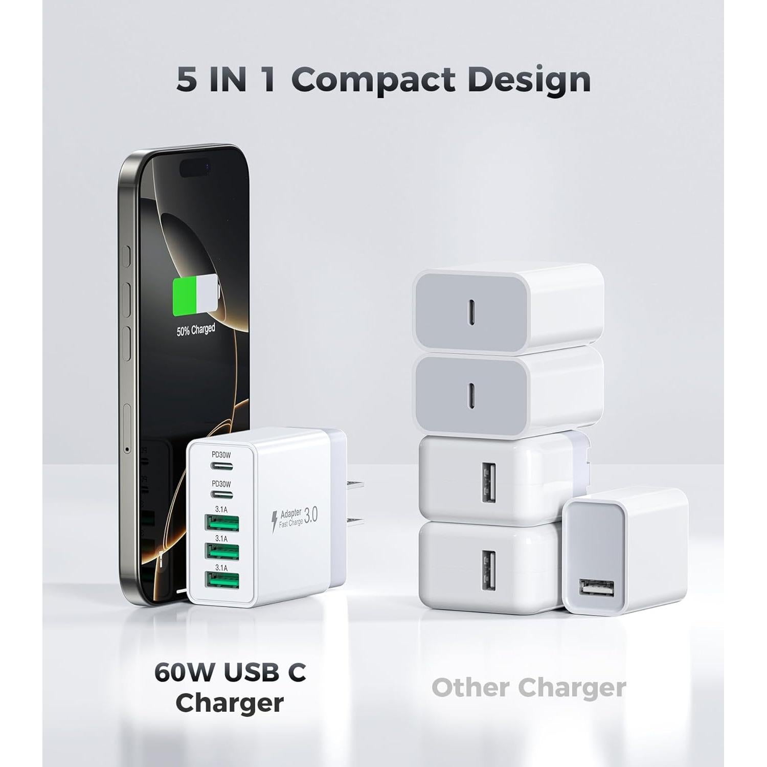 Cargador de Pared USB C 60W Qwinjwin 5 Puertos Rápido