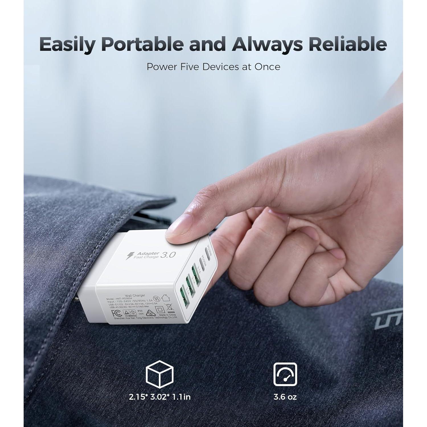 Cargador de Pared USB C 60W Qwinjwin 5 Puertos Rápido