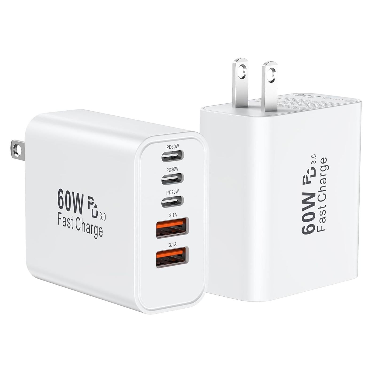 Cargador de pared rápido USB C 60W 5 puertos Auorld 2Pack