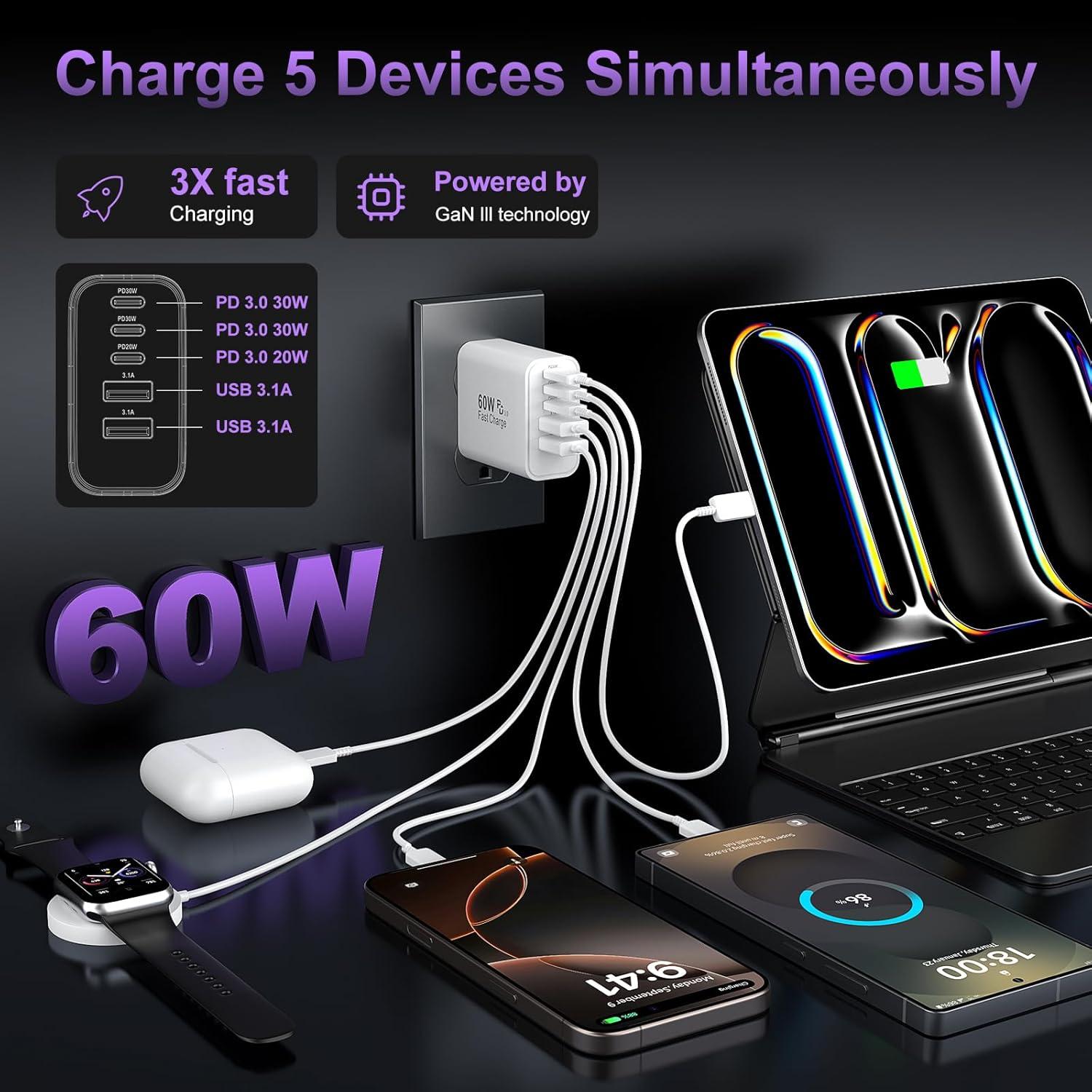 Cargador de pared rápido USB C 60W 5 puertos Auorld 2Pack