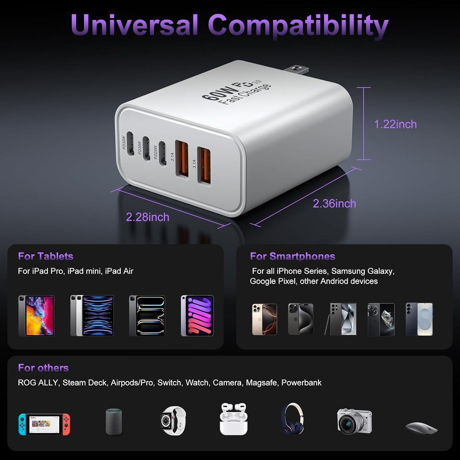 Cargador de pared rápido USB C 60W 5 puertos Auorld 2Pack