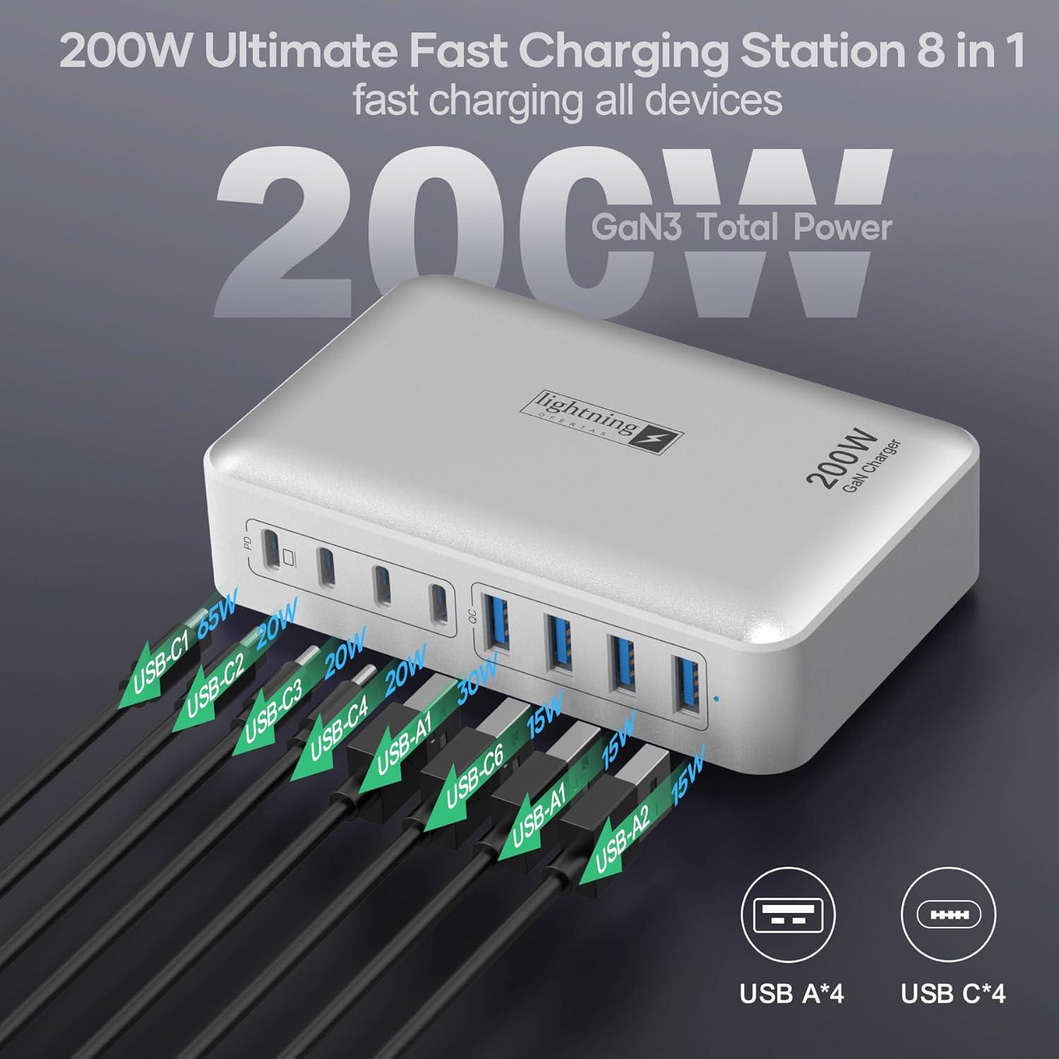 Estación de Carga 200W 8 Puertos USB C y A - Dongguan