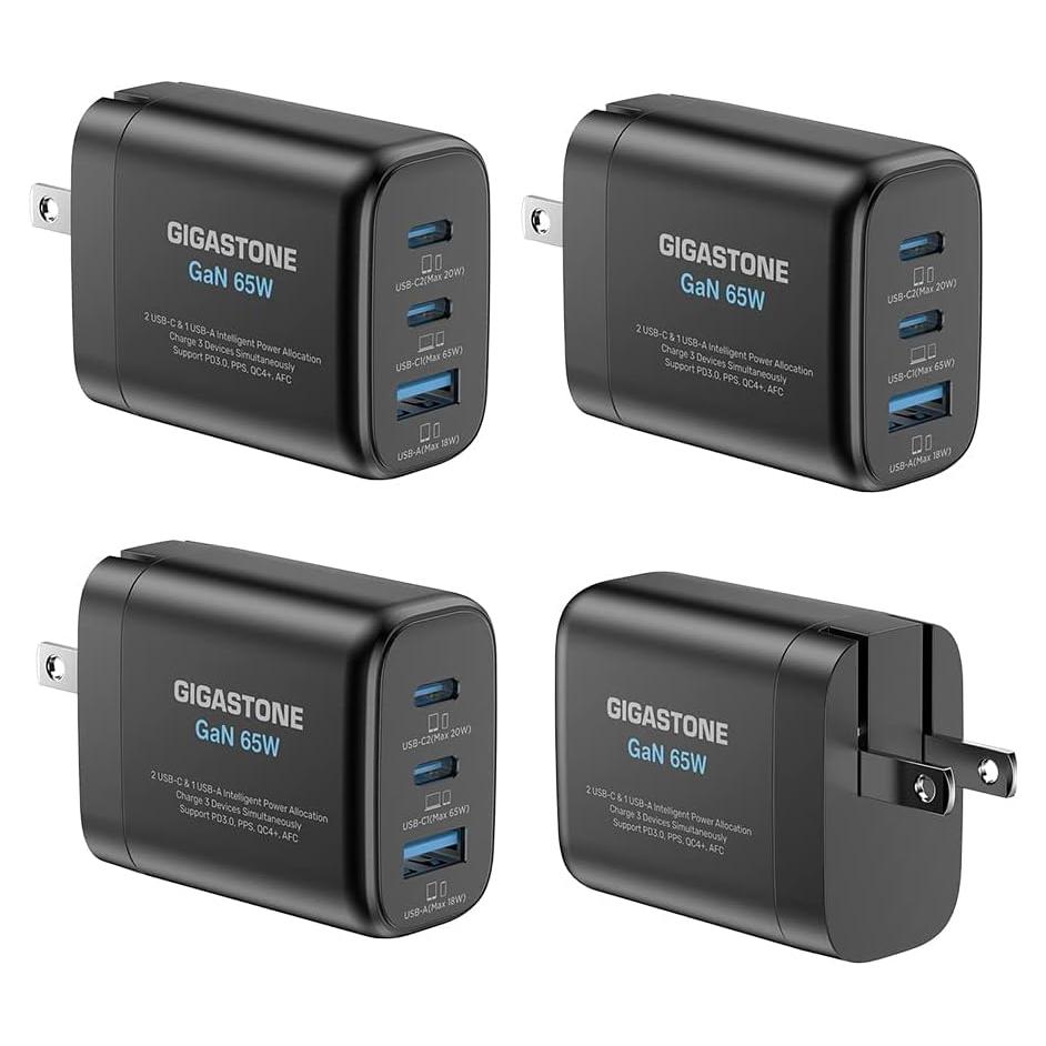 Cargador GaN 65W Gigastone USB-C 3 Puertos Plegable 4-Pack