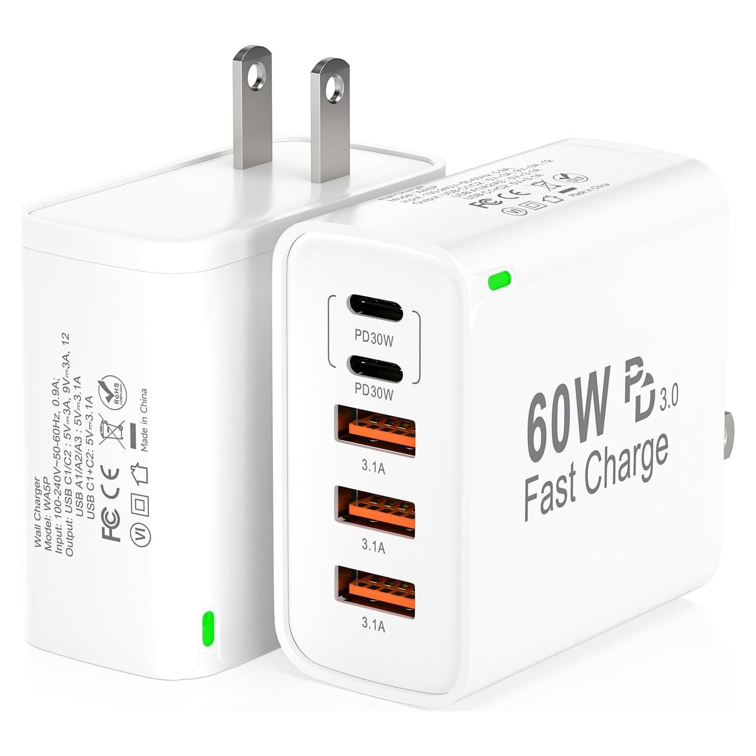 Cargador Rápido USB C 60W 5 Puertos Cannifoto Blanco