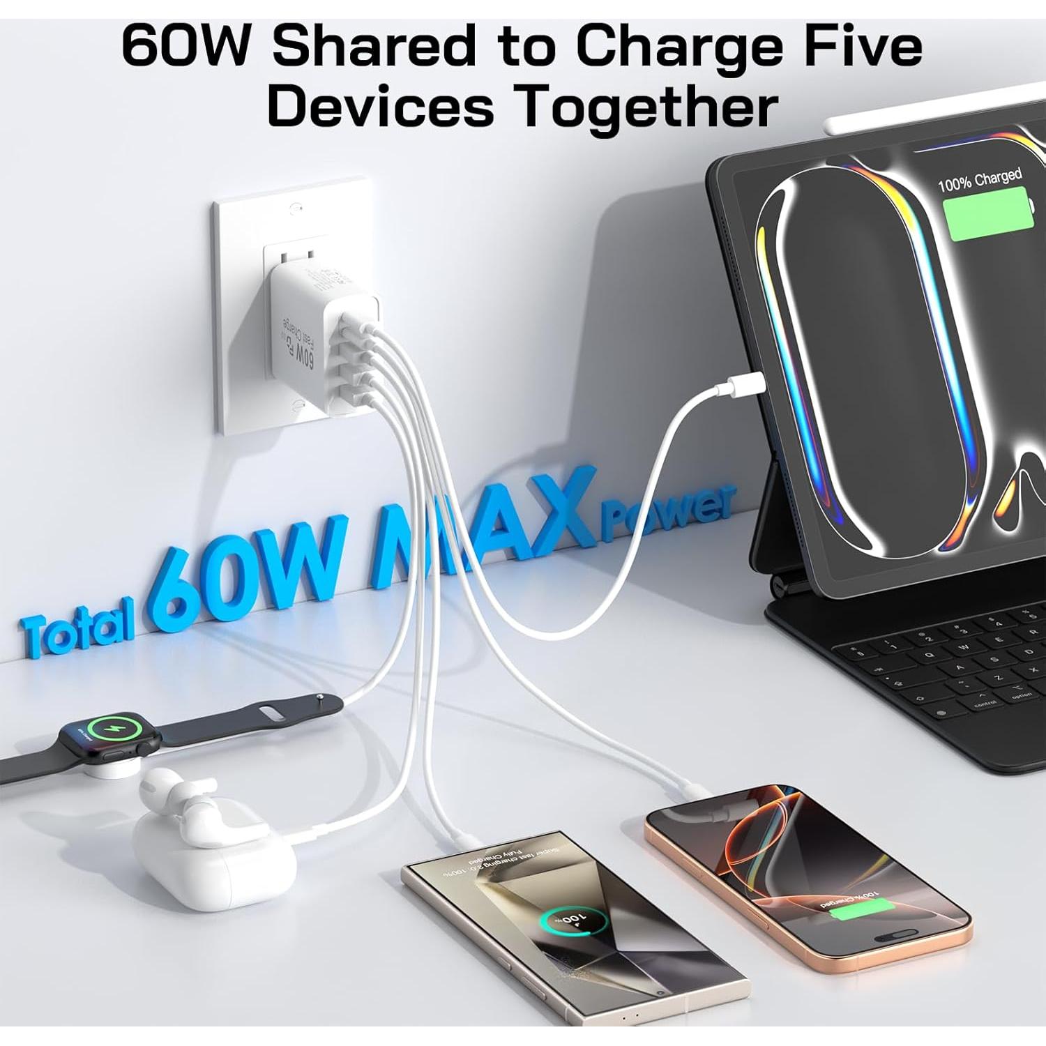 Cargador Rápido USB C 60W 5 Puertos Cannifoto Blanco