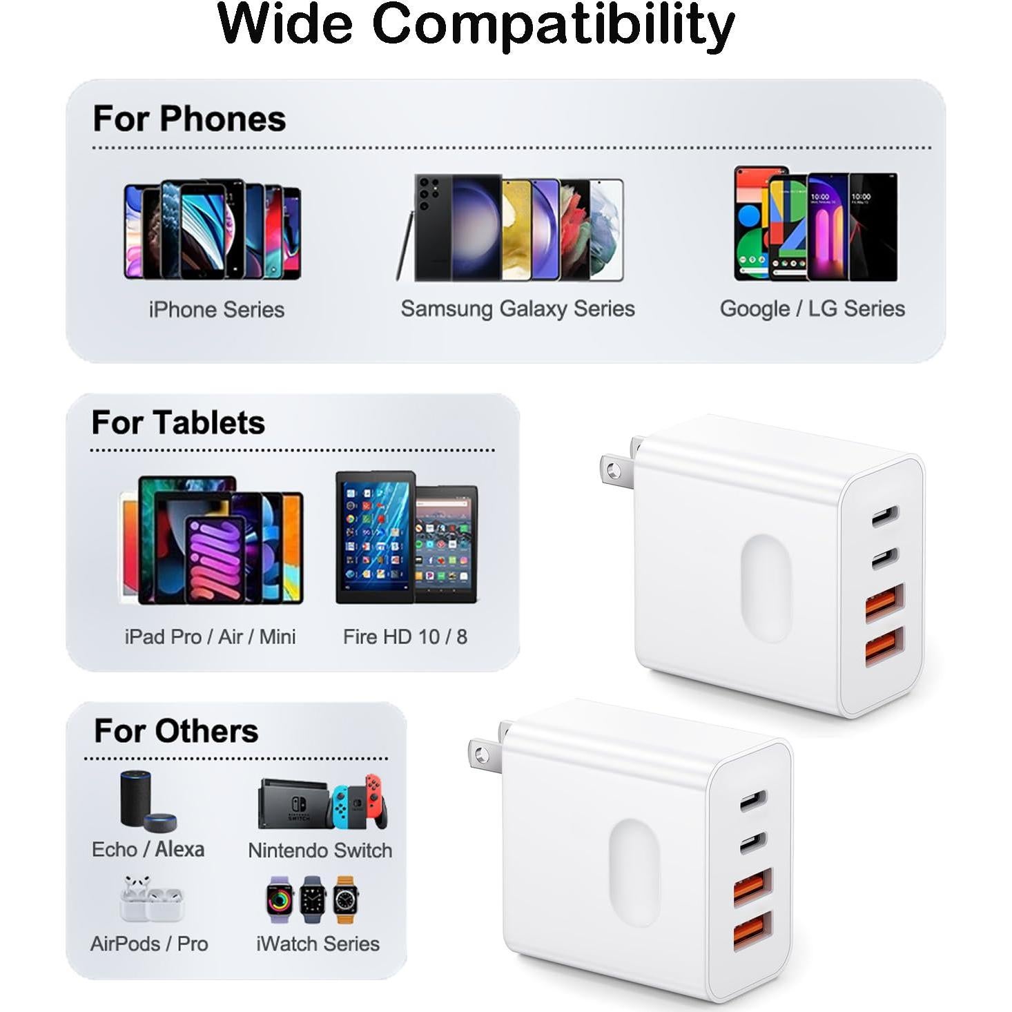 Cargador Rápido USB C 40W 2Pack Dongguan Kule, 4 Puertos