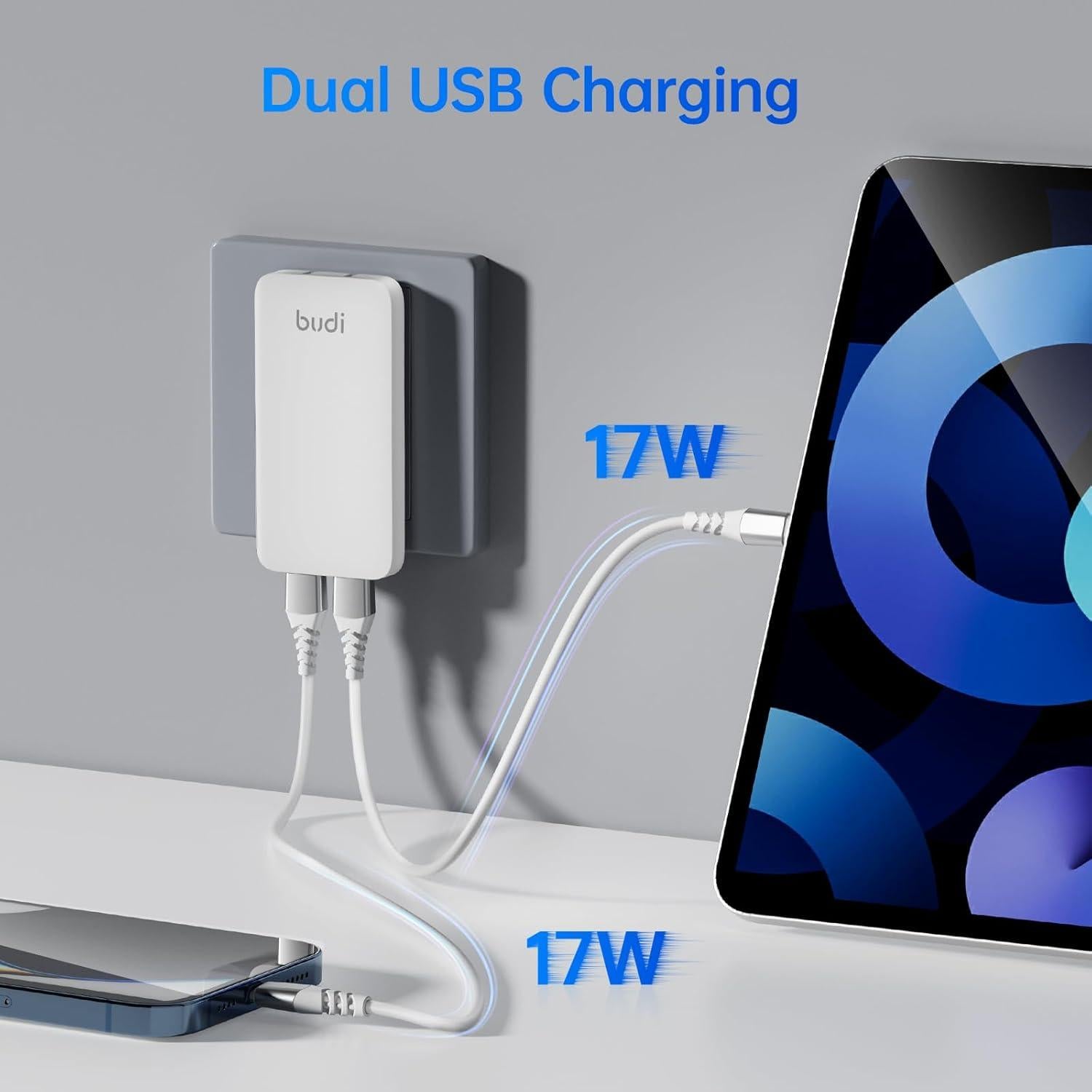 Cargador de Pared Budi 17W USB-A 2 Puertos Blanco