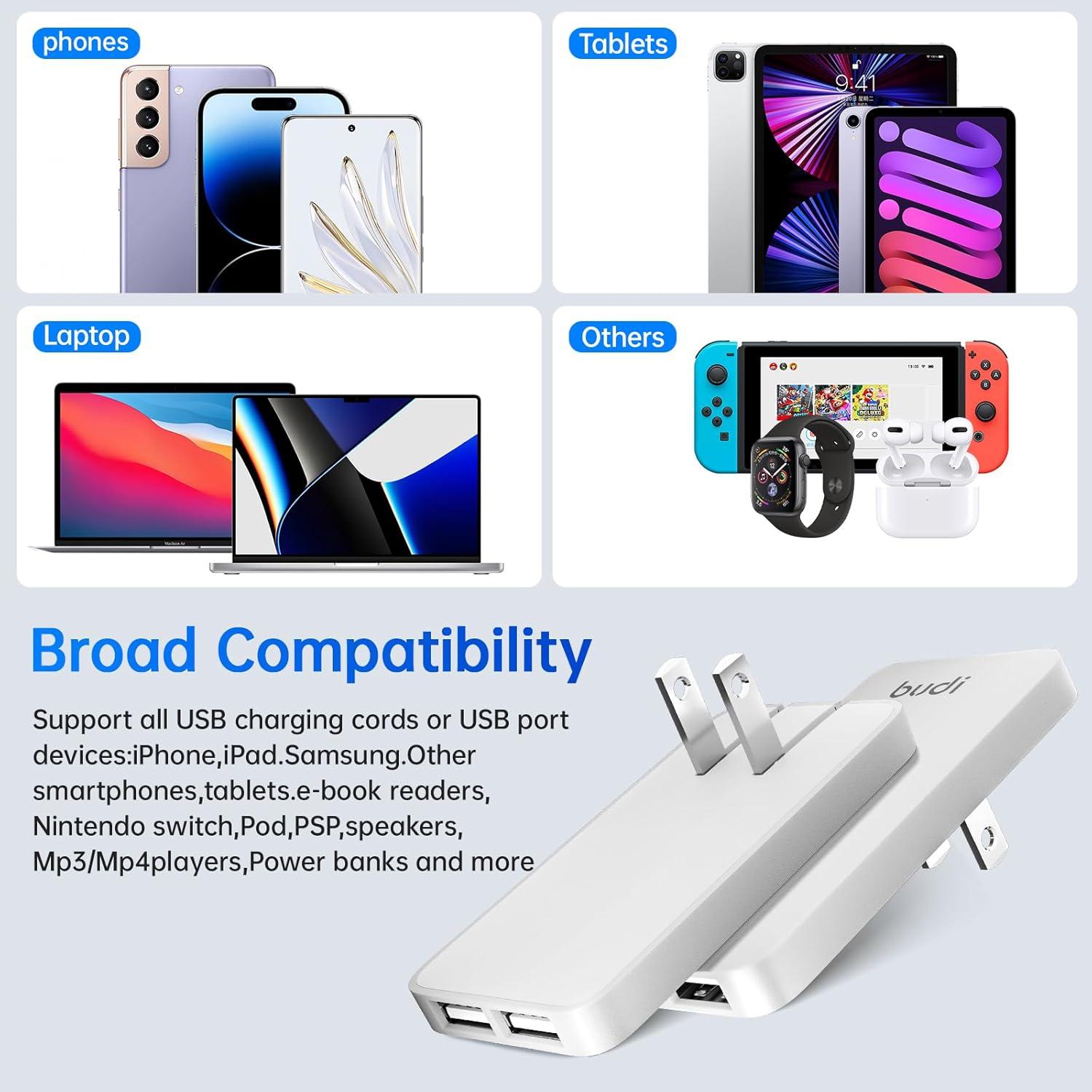 Cargador de Pared Budi 17W USB-A 2 Puertos Blanco