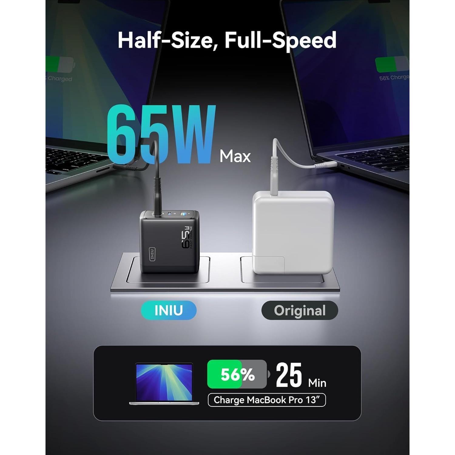 Cargador INIU 65W USB C 3 Puertos Carga Rápida GaN Negro