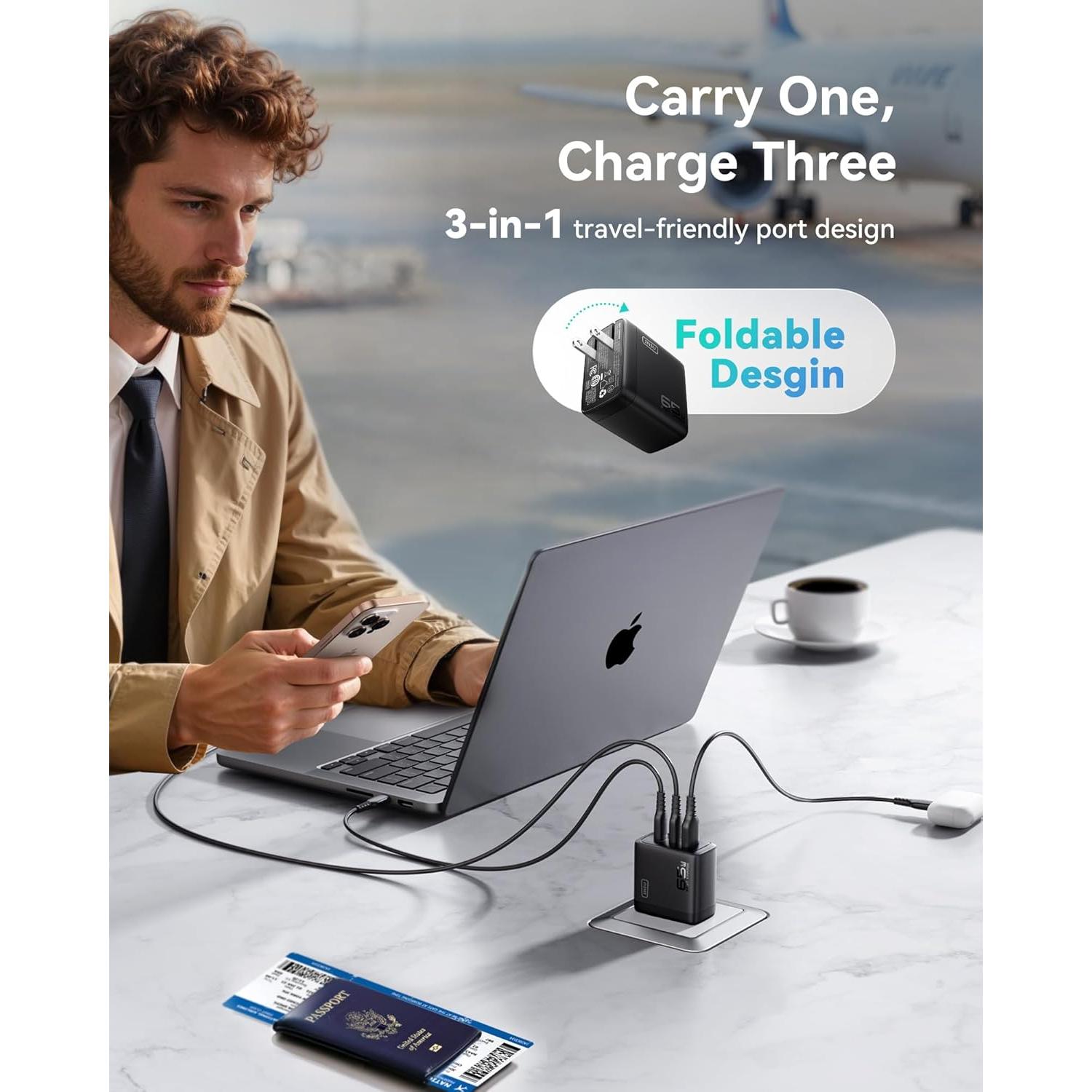 Cargador INIU 65W USB C 3 Puertos Carga Rápida GaN Negro