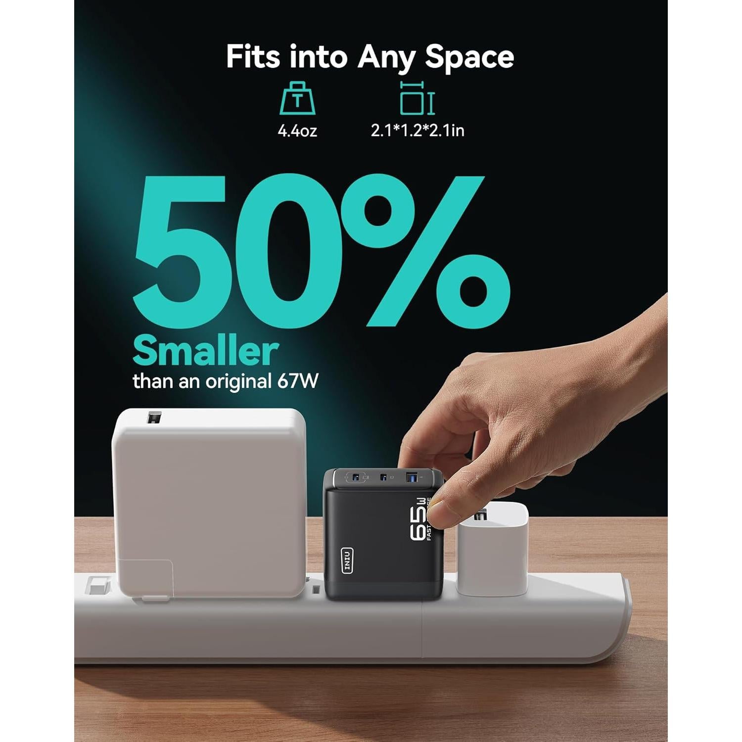 Cargador INIU 65W USB C 3 Puertos Carga Rápida GaN Negro