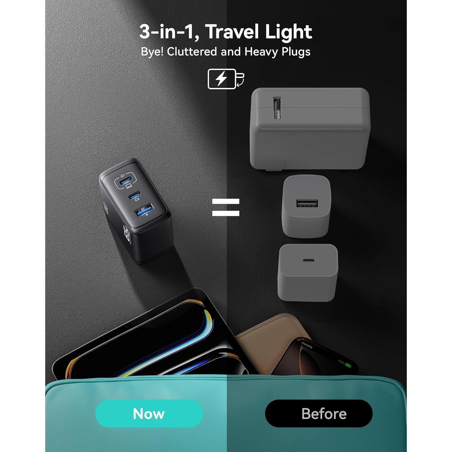 Cargador INIU 65W USB C 3 Puertos Carga Rápida GaN Negro